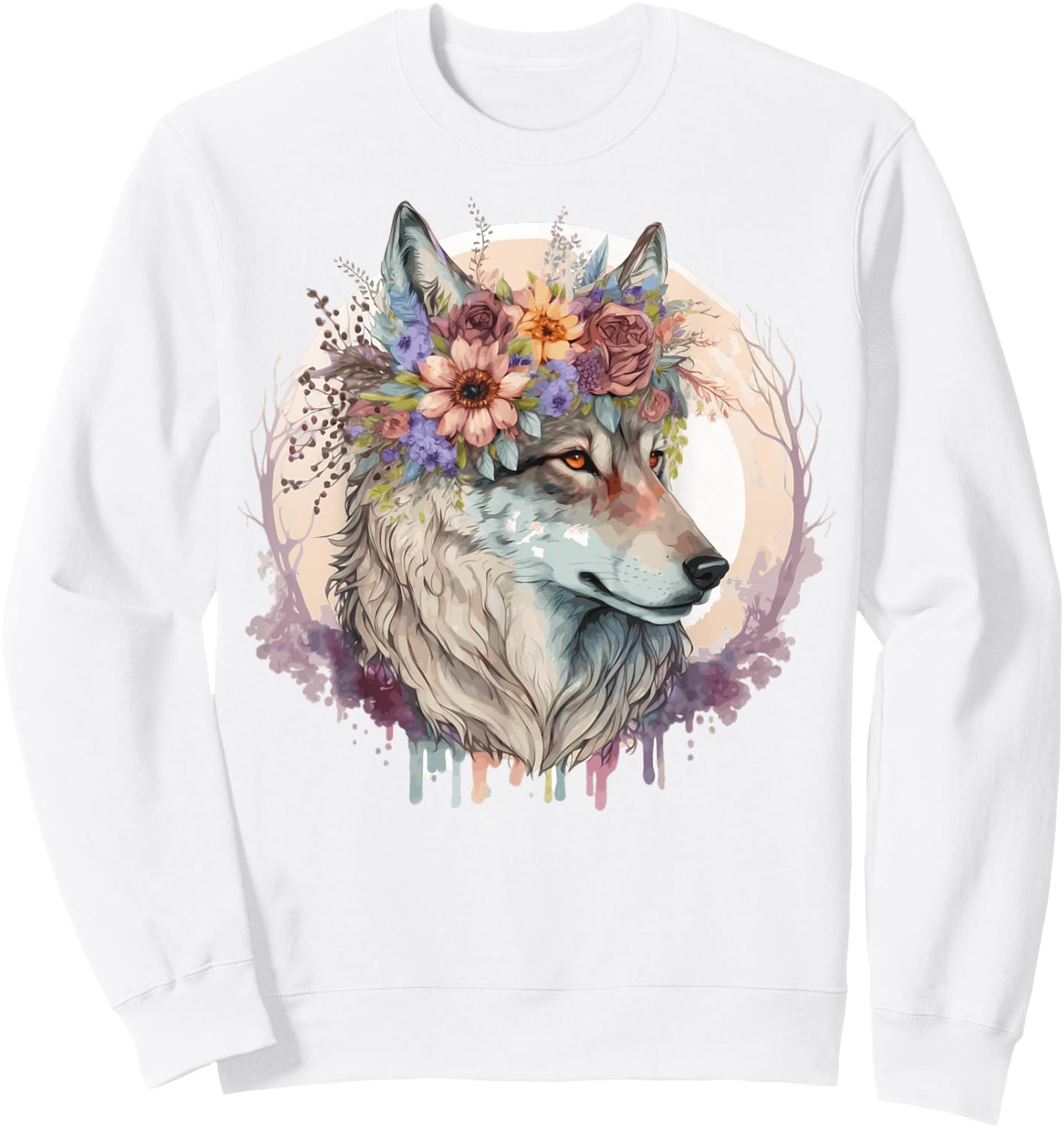 Cute Wolf Flower Crown Boho Aesthetic Animal Lovers Sweatshirt - Sweatshirt | White