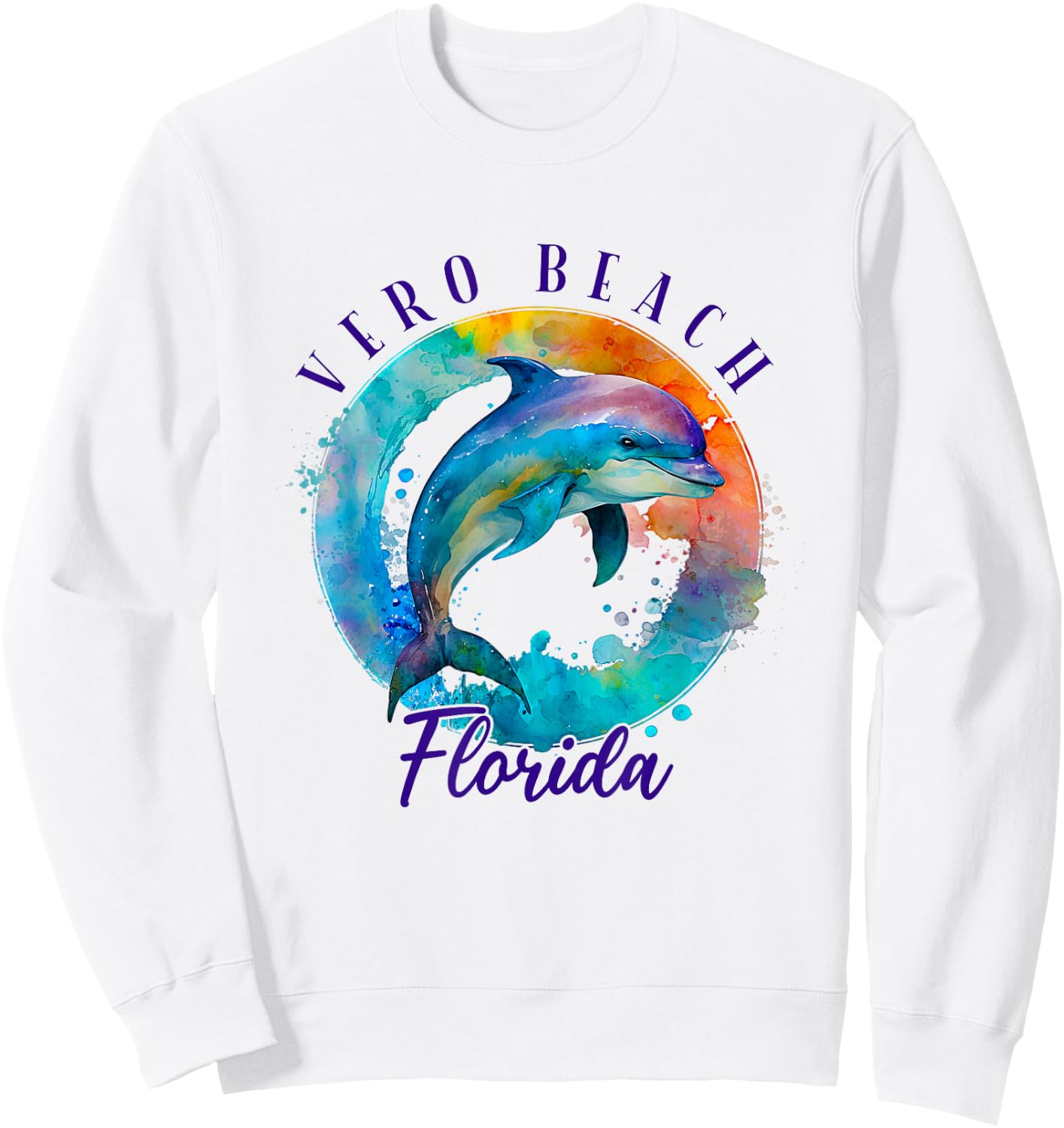 Vero Beach Florida Happy Watercolor Dolphin Sweatshirt - Sweatshirt | White