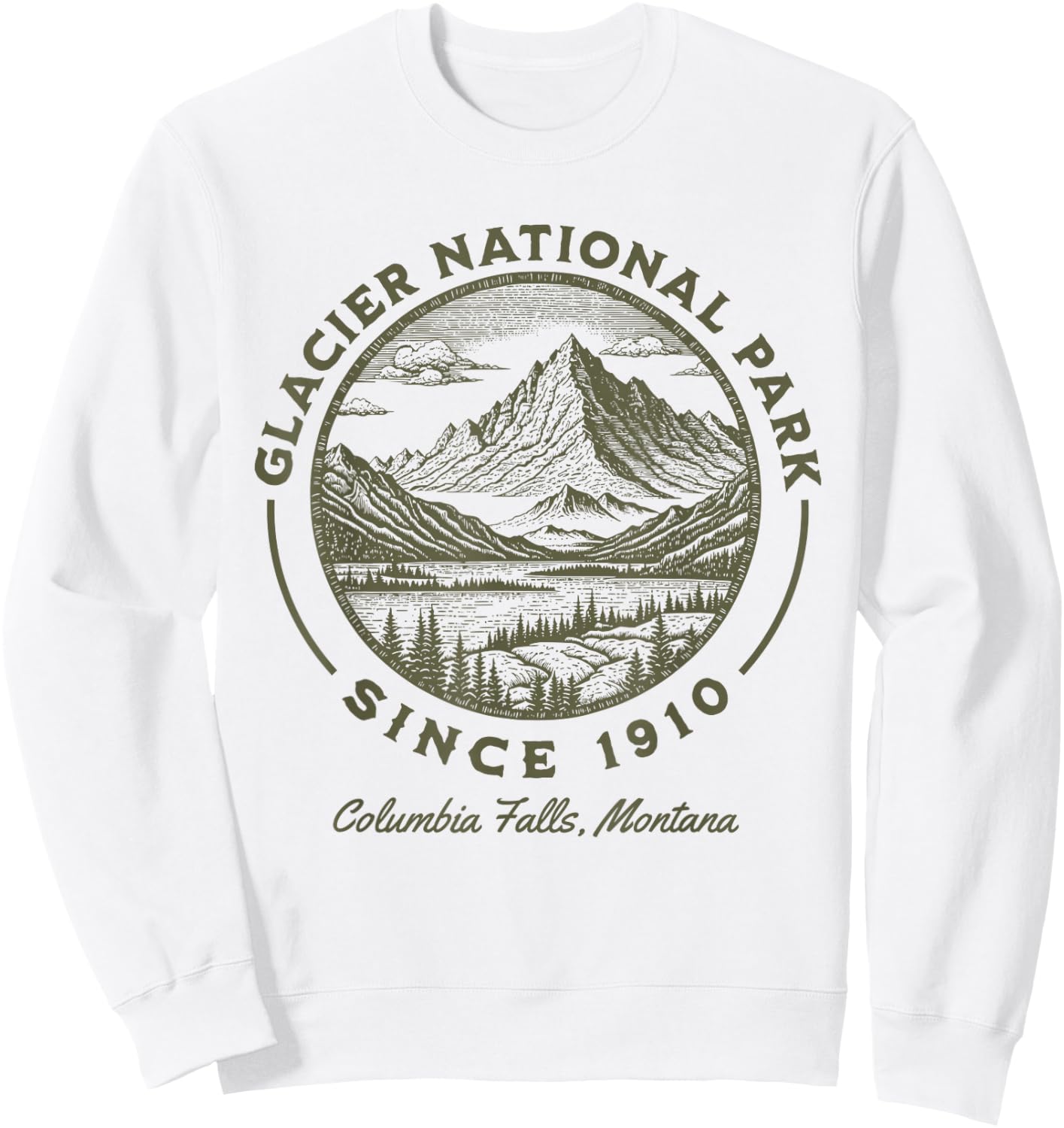 Glacier National Park Since 1910 Rustic Logo Columbia Falls Sweatshirt - Sweatshirt | White