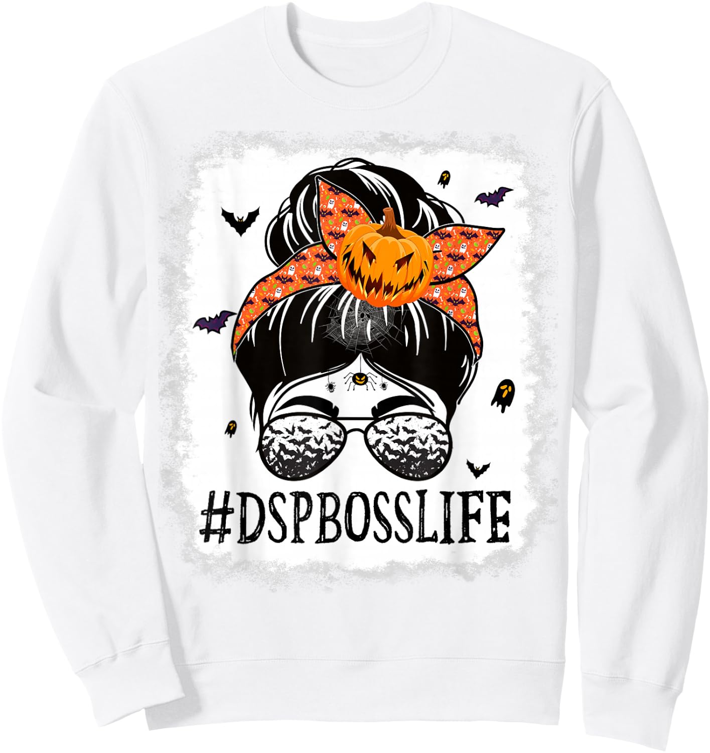 DSP Boss Messy Bun Spooky Pumpkin Orange Halloween Costume Sweatshirt - Sweatshirt | White