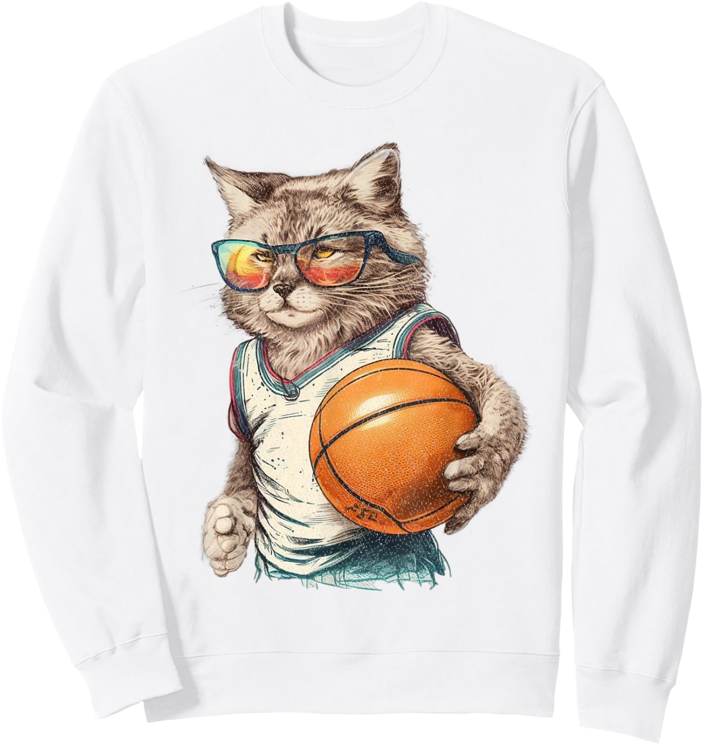 Vintage Retro Cat Playing Basketball, Kitties Pet Lover Sweatshirt - Sweatshirt | White