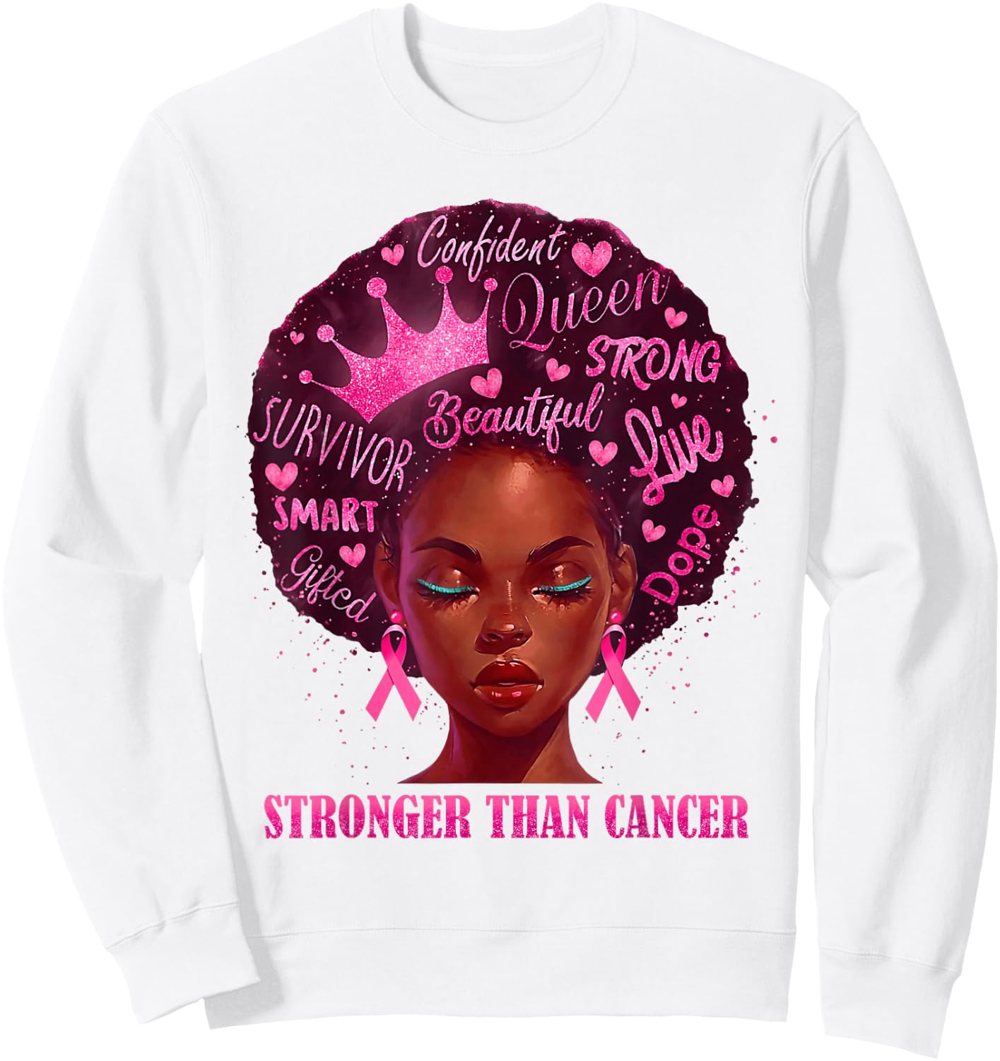 Black Women Queen Stronger Than Breast Cancer Pink Ribbon Sweatshirt - Sweatshirt | White