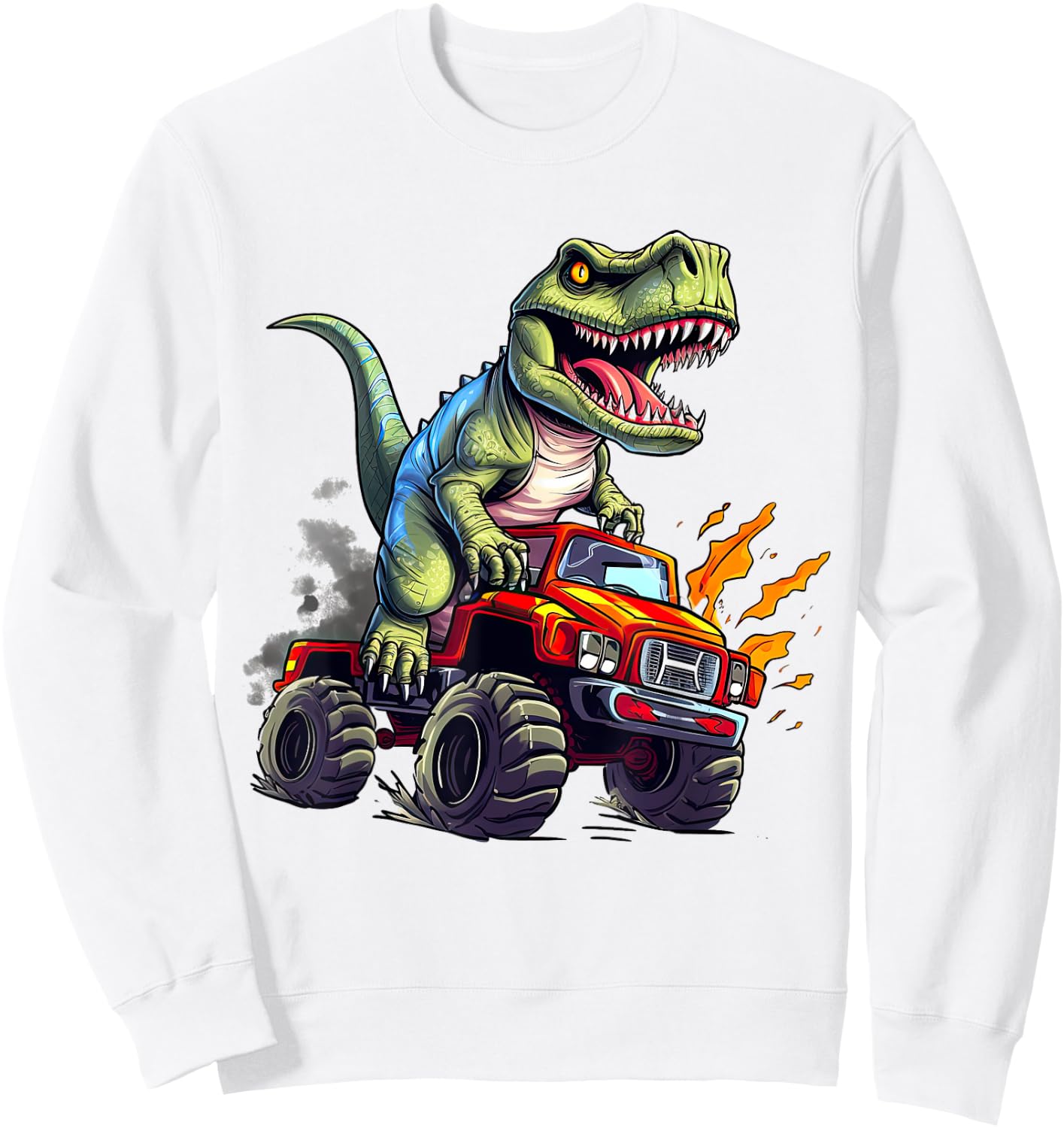 Dinosaur Riding Monster Truck Present For Boys Kids Adult Sweatshirt - Sweatshirt | White
