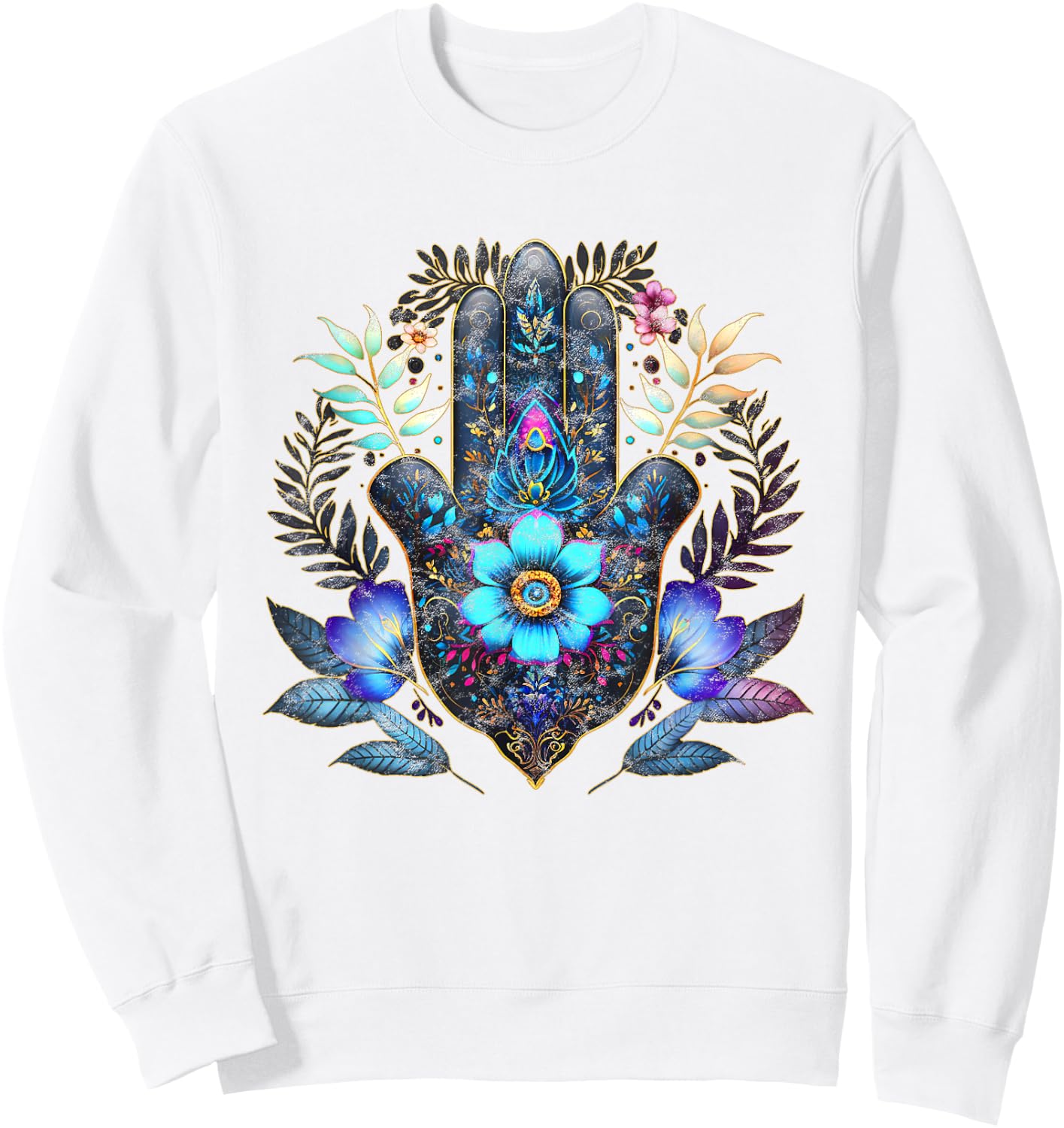 Hamsa, hand, blue, Nazar, flower, eye, charm, vintage, luck Sweatshirt - Sweatshirt | White