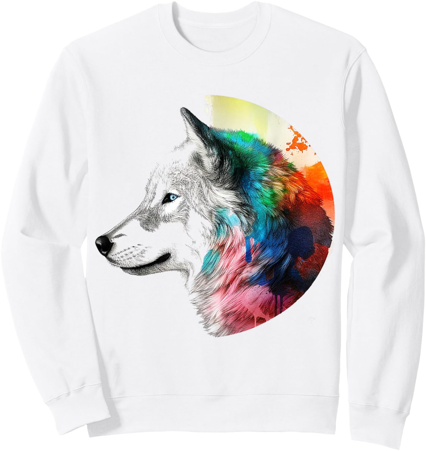 Wolf Colorful Artwork | Animal Motif Wolf Sweatshirt - Sweatshirt | White