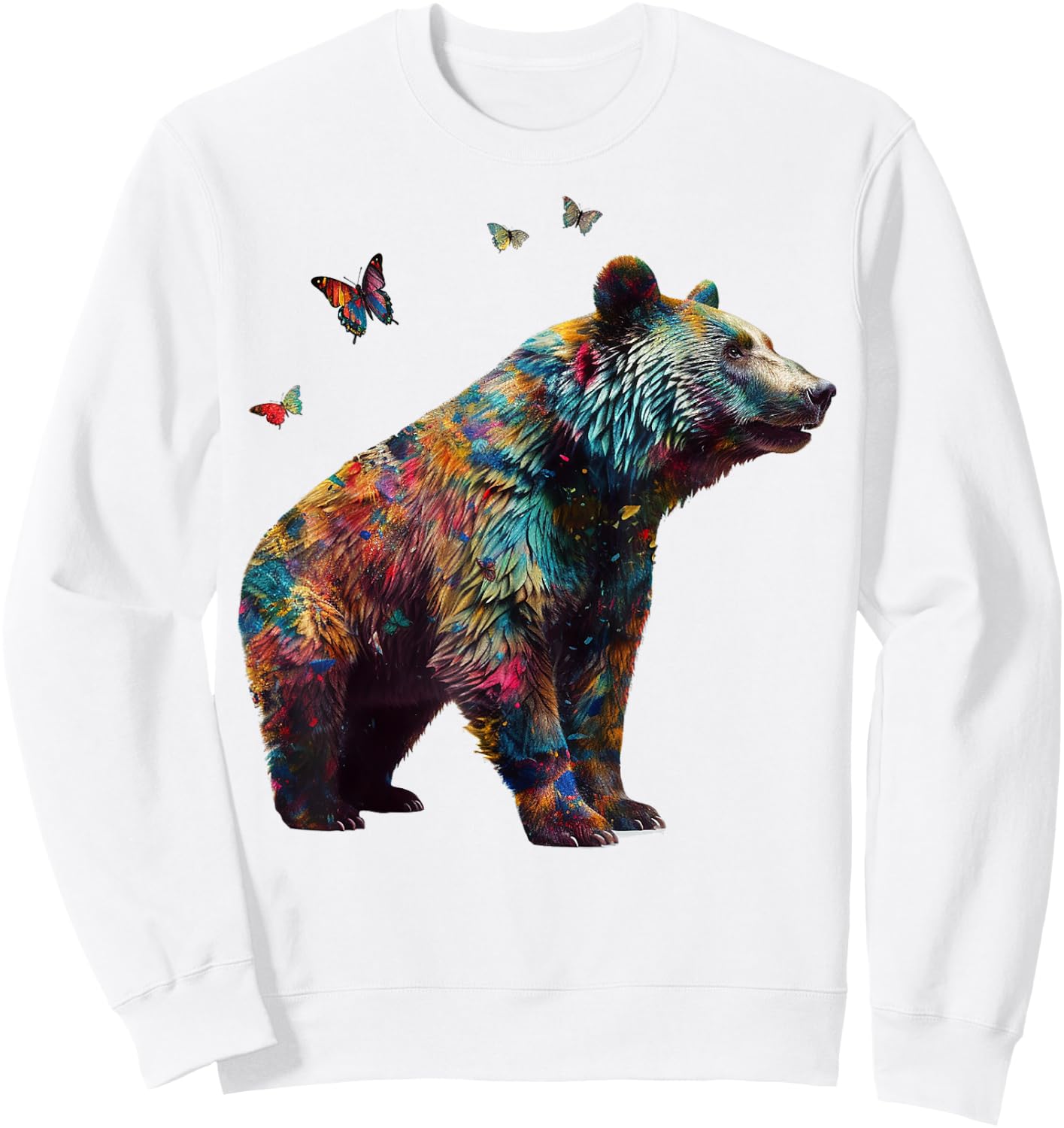 Bear Butterfly Artwork |Colorful Animal Motif Bear Sweatshirt - Sweatshirt | White