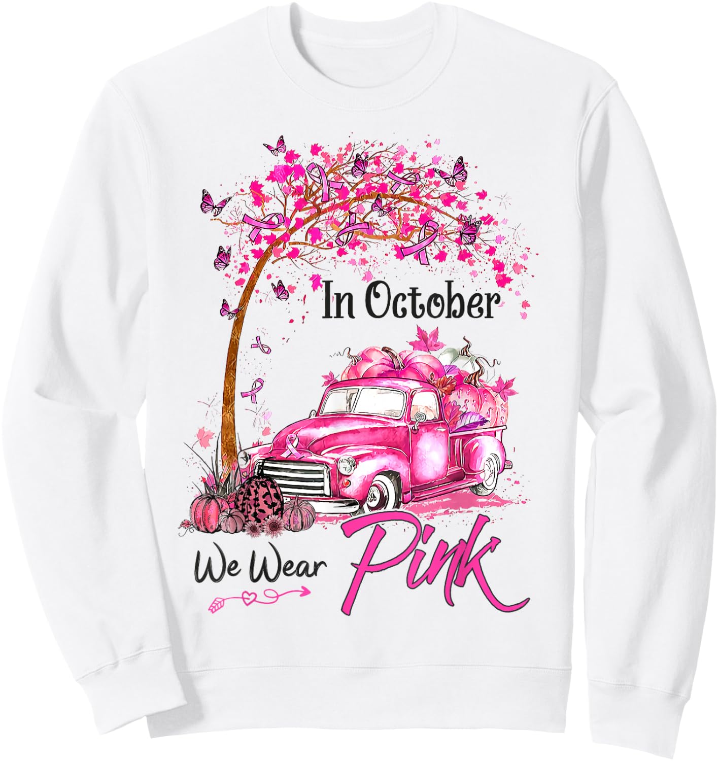 In October We Wear Pink Car Pumpkin Breast Cancer Halloween Sweatshirt - Sweatshirt | White
