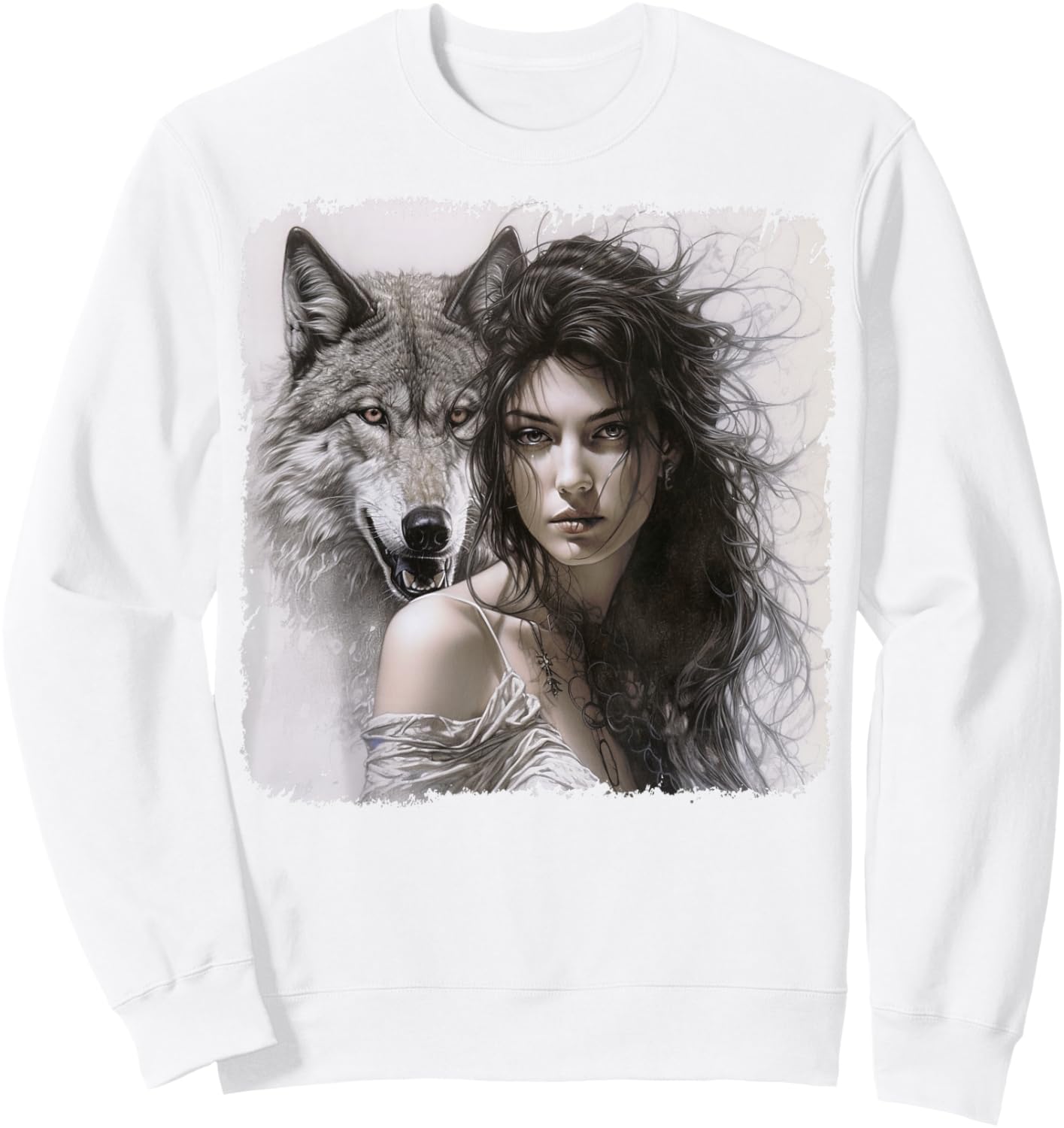 Woman with Gray Wolf Fantasy Art Painting Sweatshirt - Sweatshirt | White