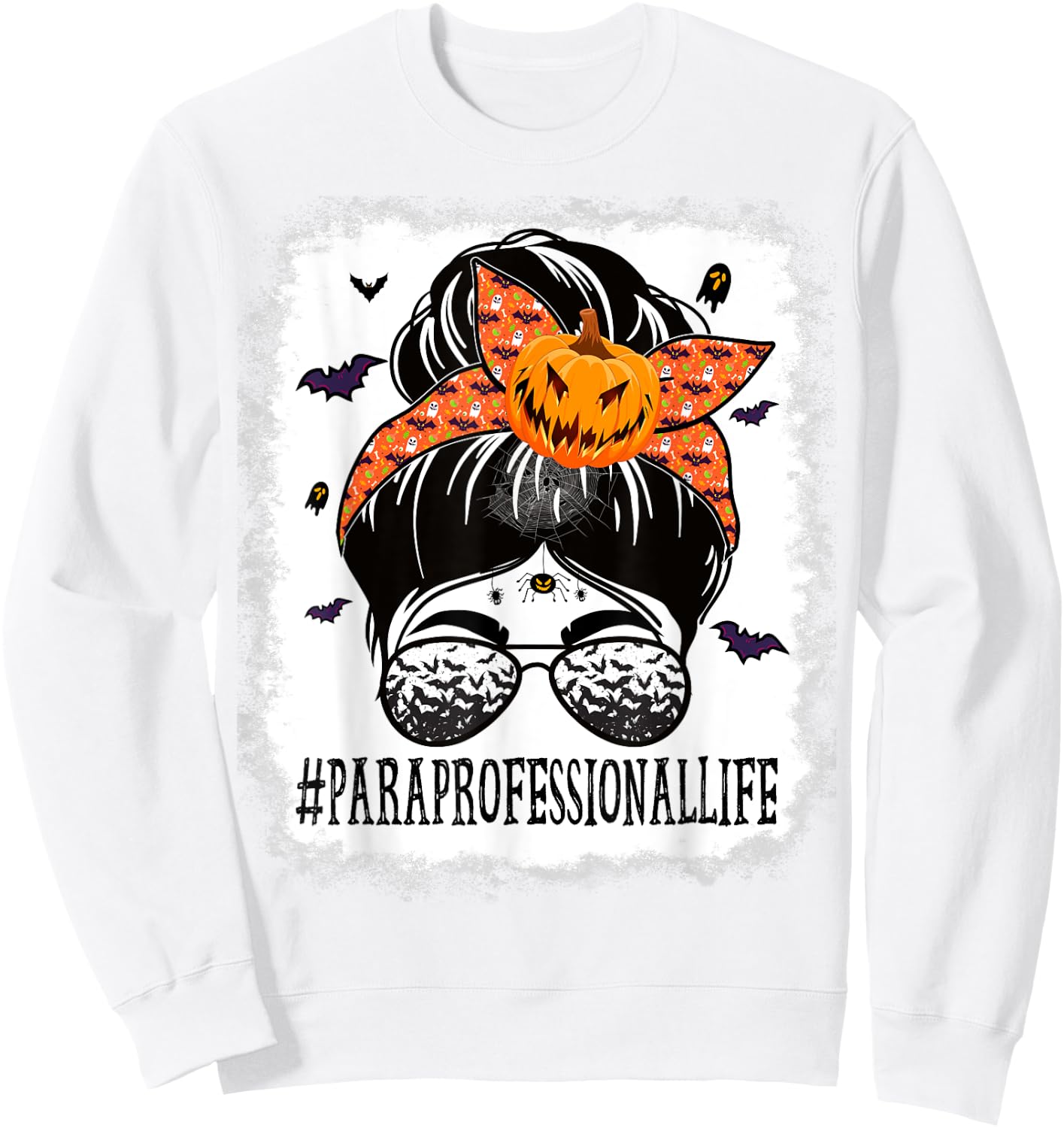Paraprofessional Messy Bun Spooky Pumpkin Orange Halloween Sweatshirt - Sweatshirt | White