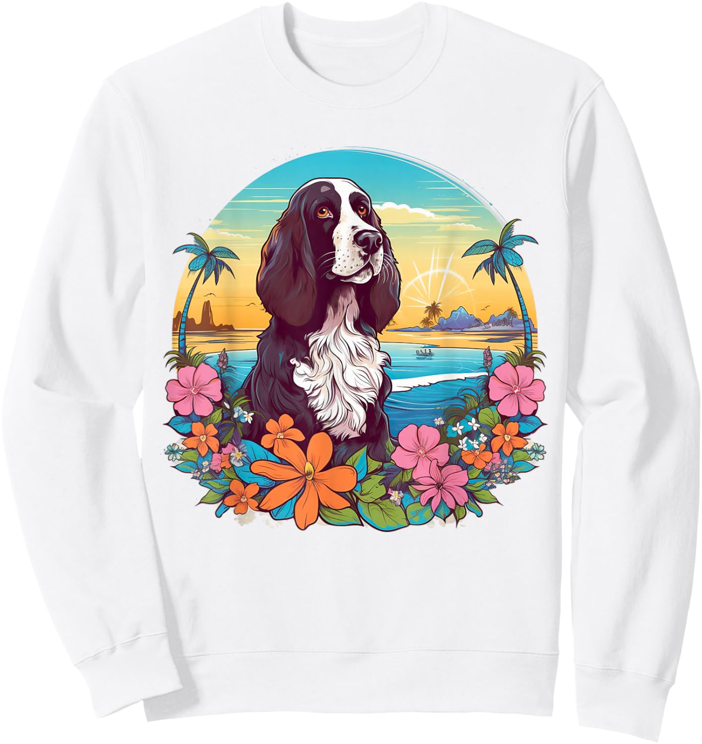 Floral Beach Vacation English Springer Spaniel Dog Sweatshirt - Sweatshirt | White