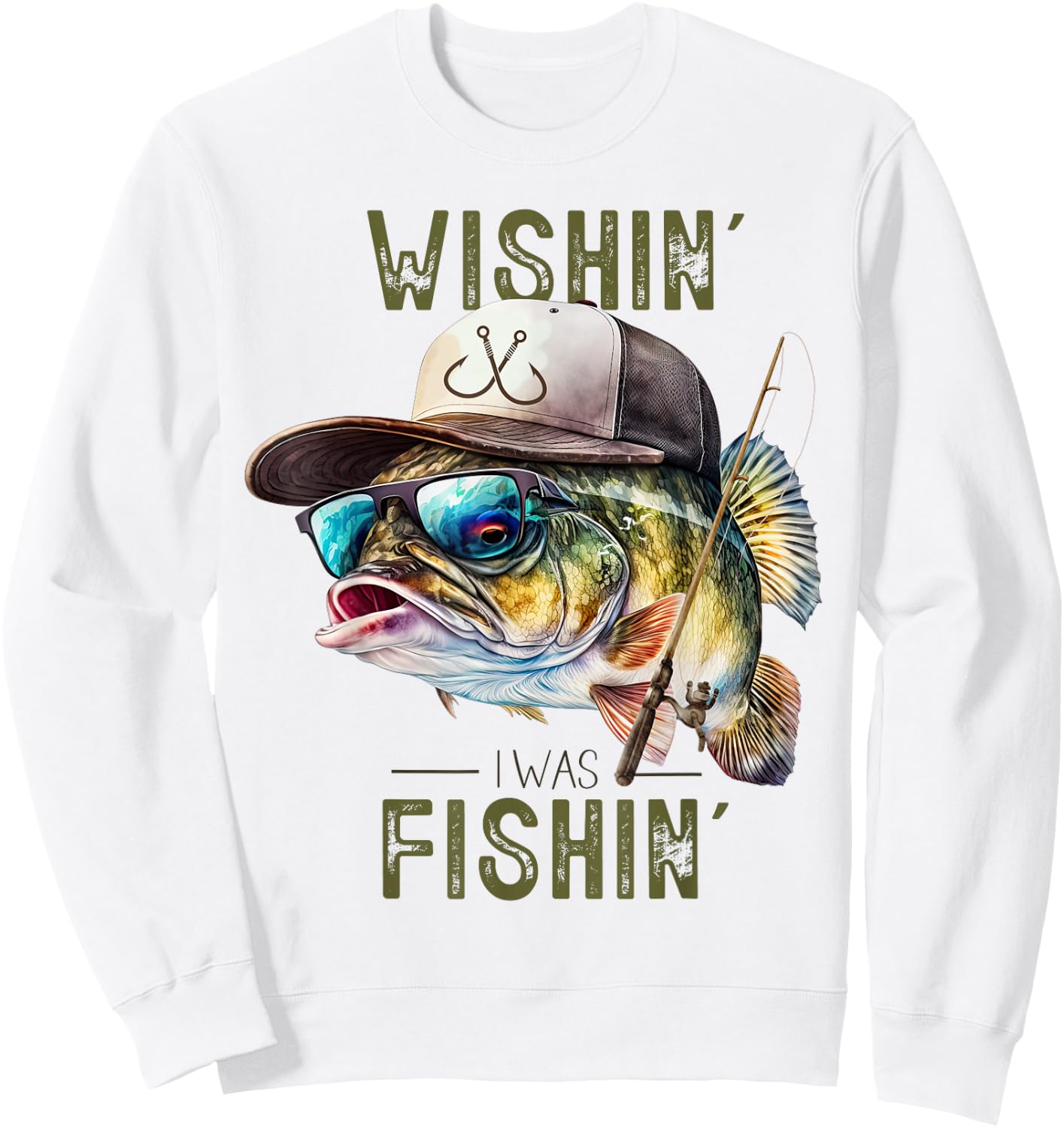 Wishing I was Fishing Large Mouth Bass Funny Fisherman Fish Sweatshirt - Sweatshirt | White