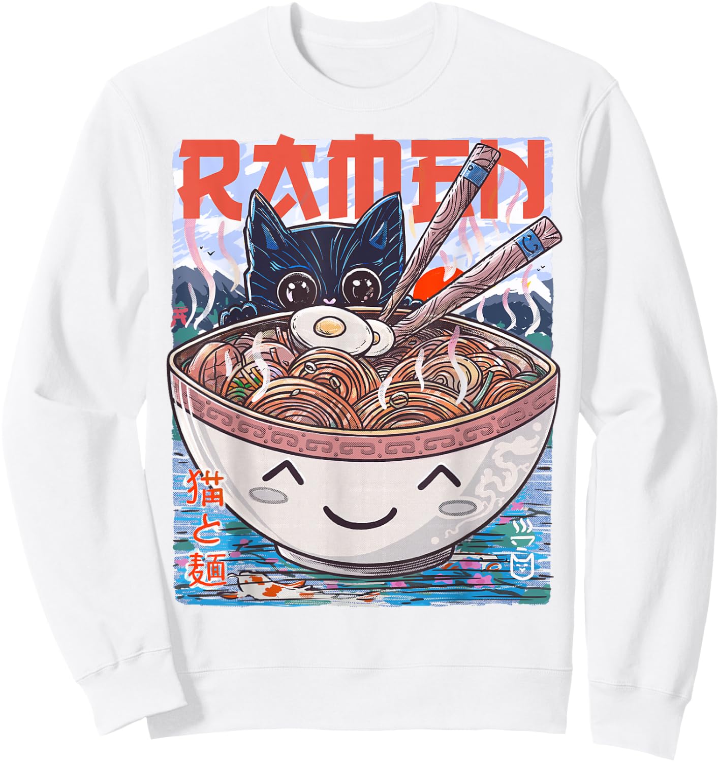 Ramen Noodles Anime Cat Sweatshirt - Sweatshirt | White