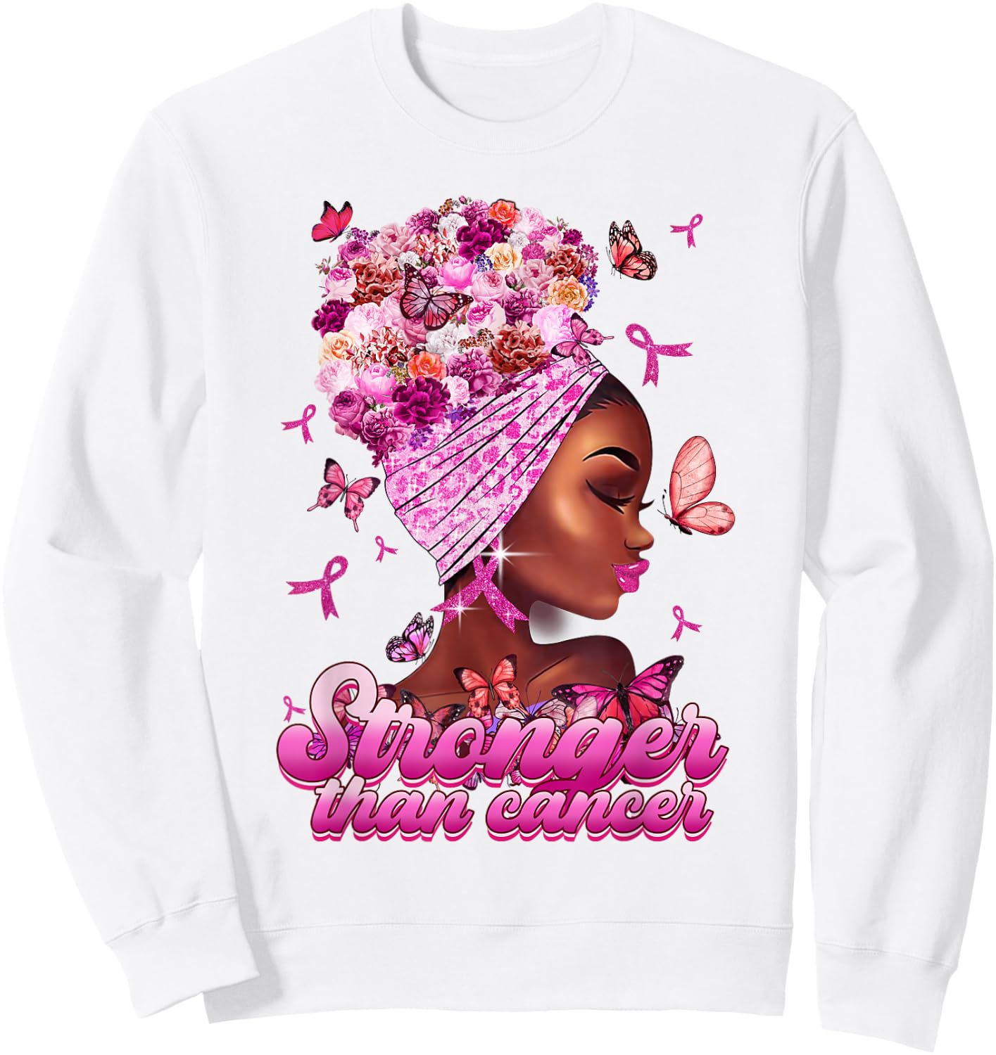 Black Women Queen Stronger Than Breast Cancer Pink Ribbon Sweatshirt - Sweatshirt | White