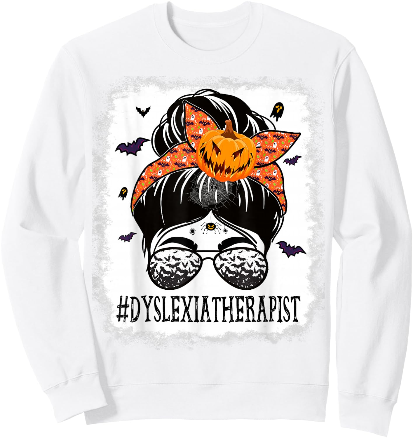 Dyslexia Therapist Messy Bun Spooky Pumpkin Orange Halloween Sweatshirt - Sweatshirt | White