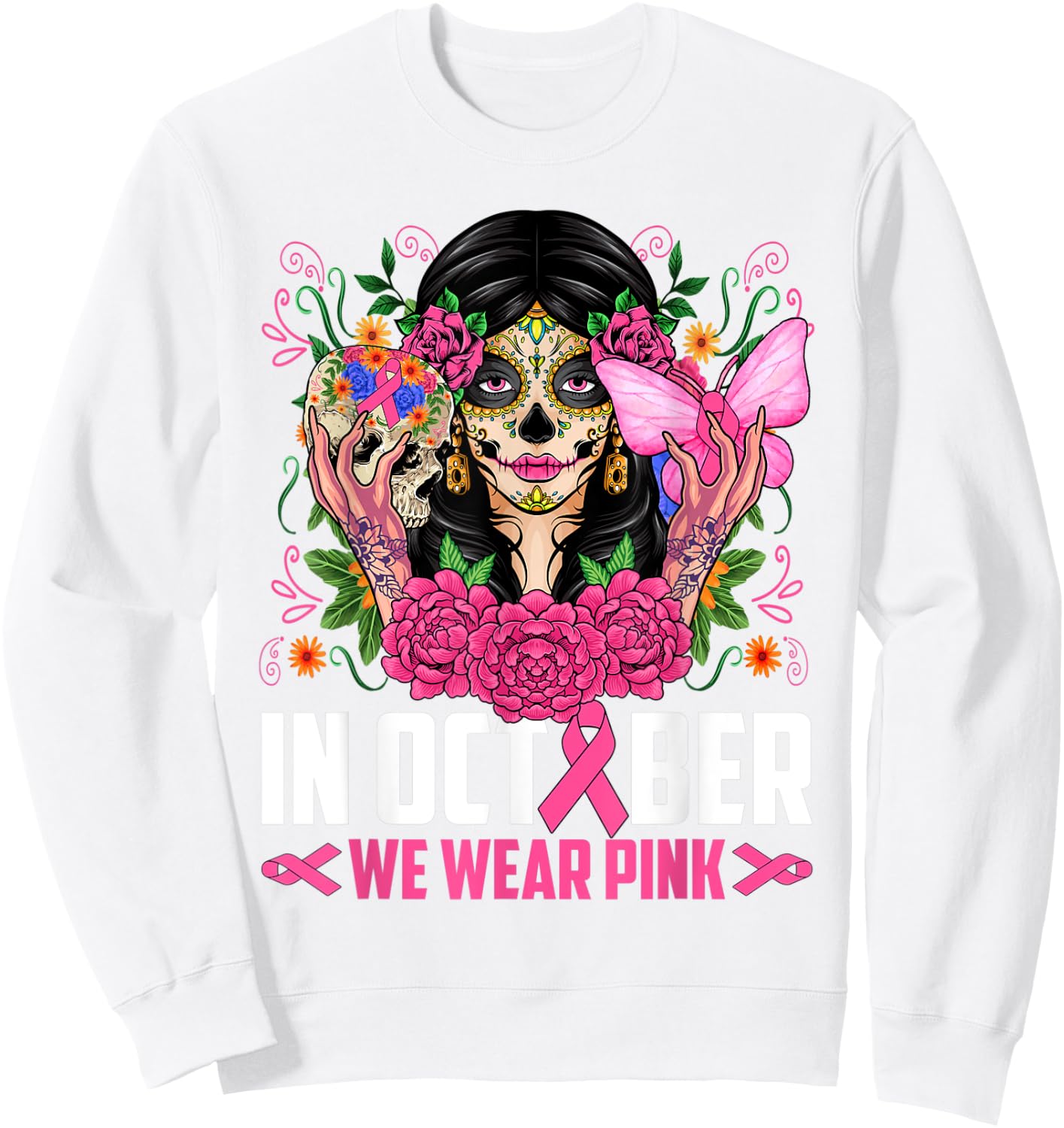 In October Wear Pink Sugar Skull Breast Cancer Halloween Day Sweatshirt - Sweatshirt | White