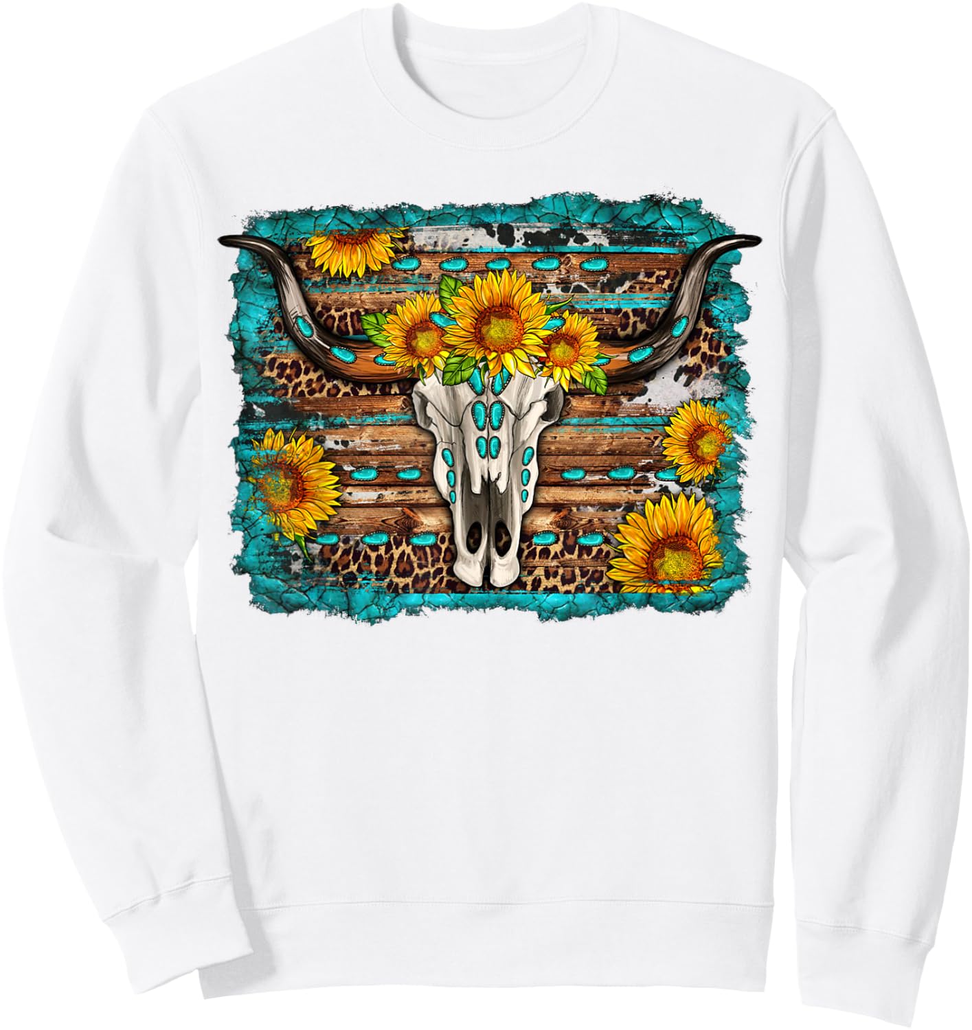 Longhorn Bull Skull Sunflower Turquoise Western Country Sweatshirt - Sweatshirt | White