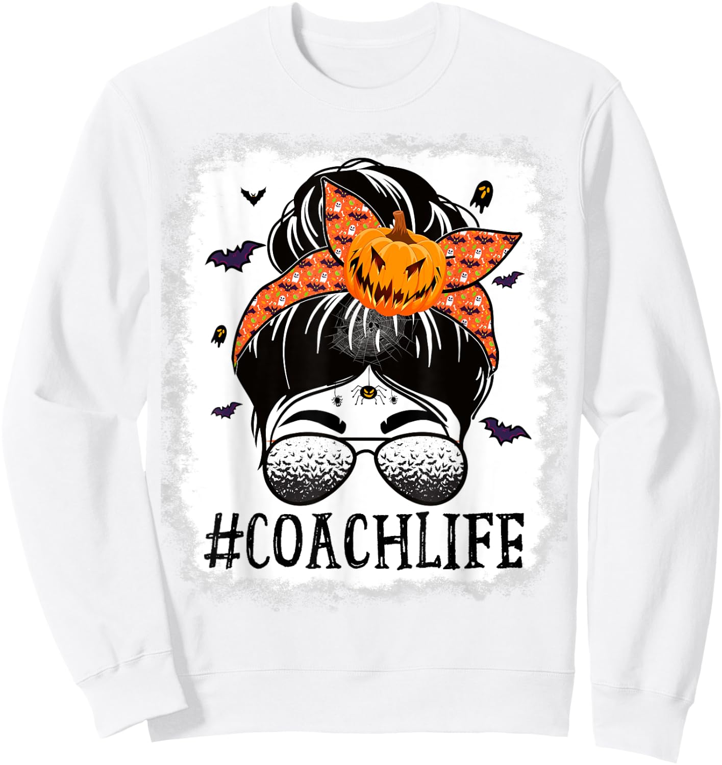 Coach Messy Bun Spooky Pumpkin Bat Orange Halloween Costume Sweatshirt - Sweatshirt | White