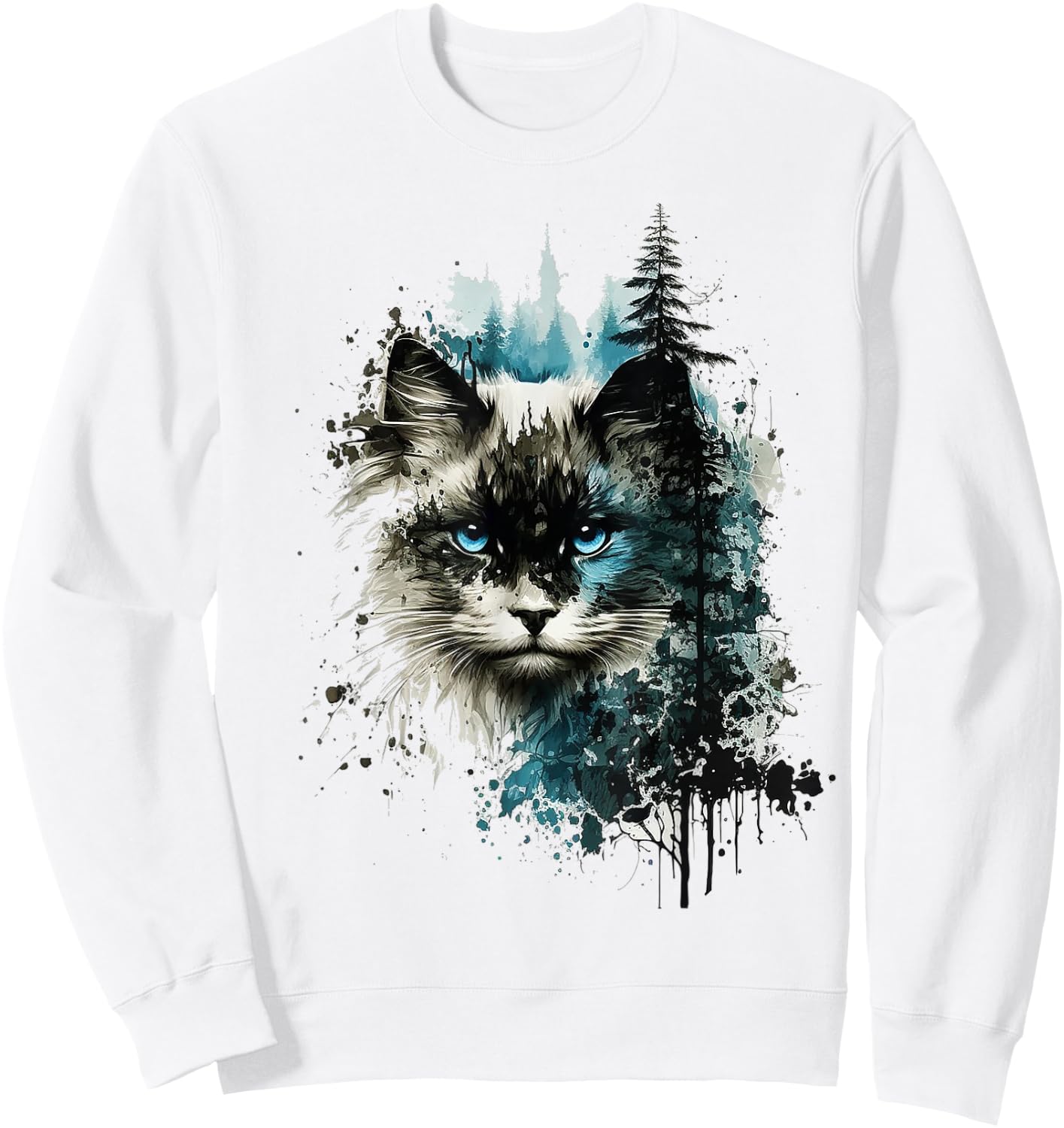 Cat Blue Eyes Cat Motif Art Forest Animal Cat Sweatshirt - Sweatshirt | White