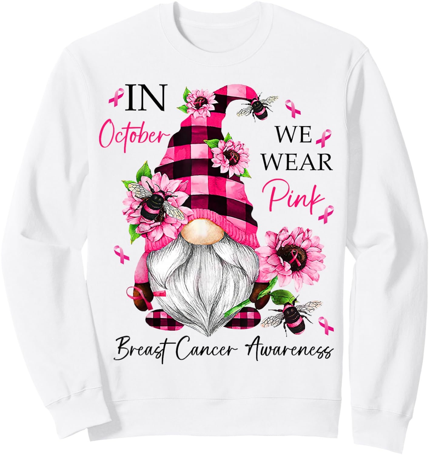 In October We Wear Pink Gnome Breast Cancer Awareness Sweatshirt - Sweatshirt | White