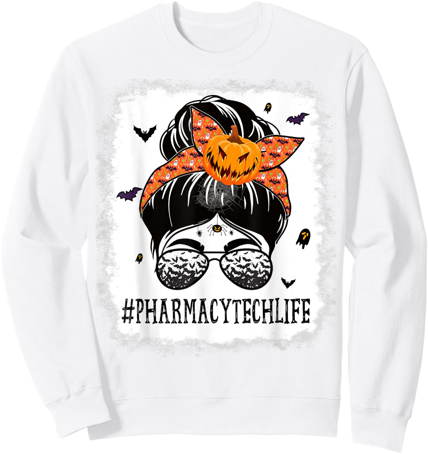 Pharmacy Tech Messy Bun Spooky Pumpkin Halloween Costume Sweatshirt - Sweatshirt | White