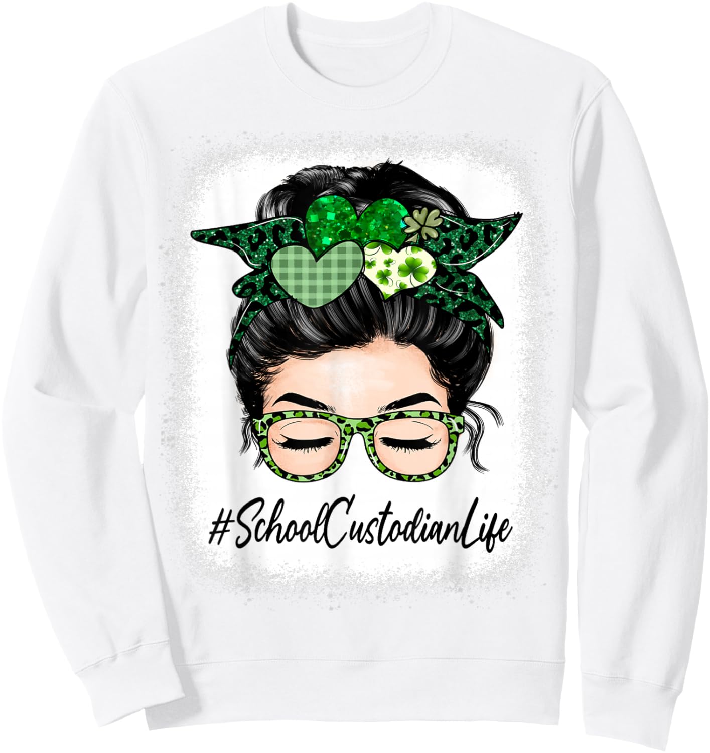 School Custodian Women Messy Bun St Patrick's Day Shamrock Sweatshirt - Sweatshirt | White