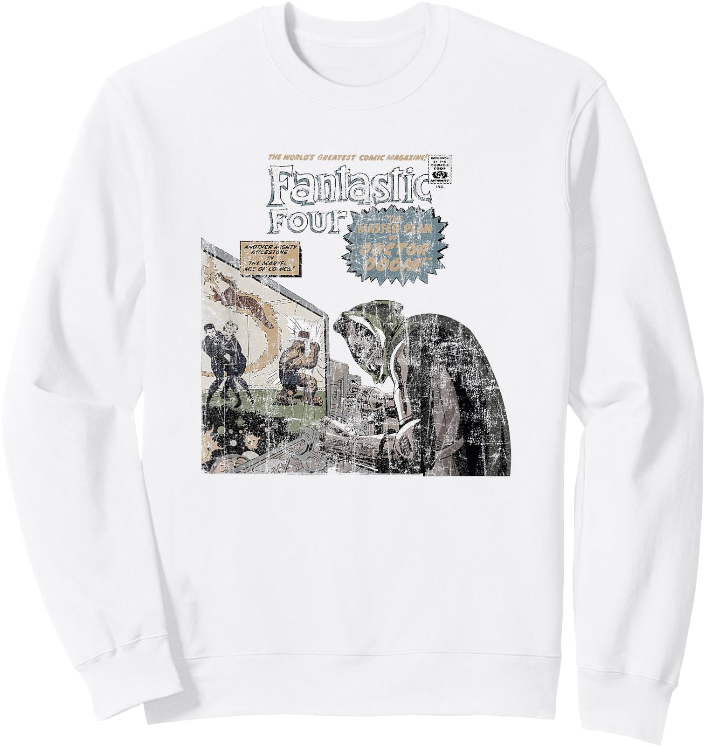Marvel Fantastic Four Dr. Doom Vintage Comic Distressed Sweatshirt - Sweatshirt | White