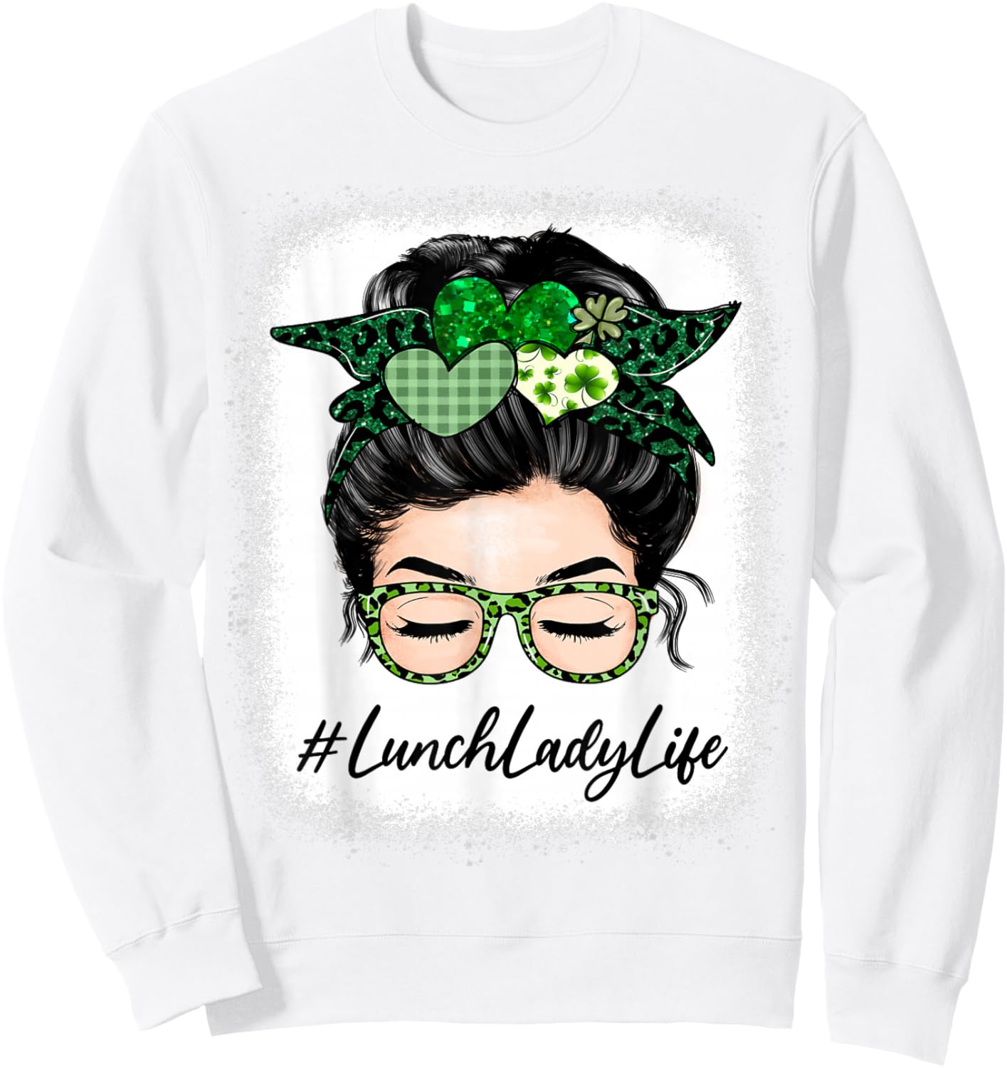 Lunch Lady Women Messy Bun St Patrick's Day Shamrock Sweatshirt - Sweatshirt | White