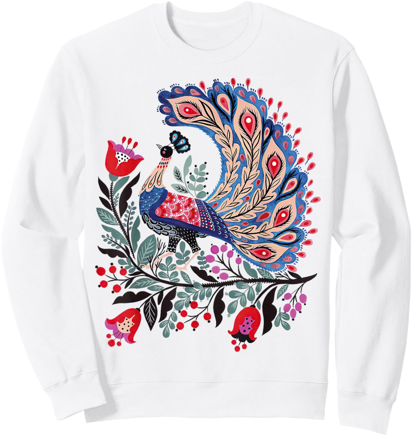 Mystical Botanical Bird Scandinavian Folk Art Sweatshirt - Sweatshirt | White