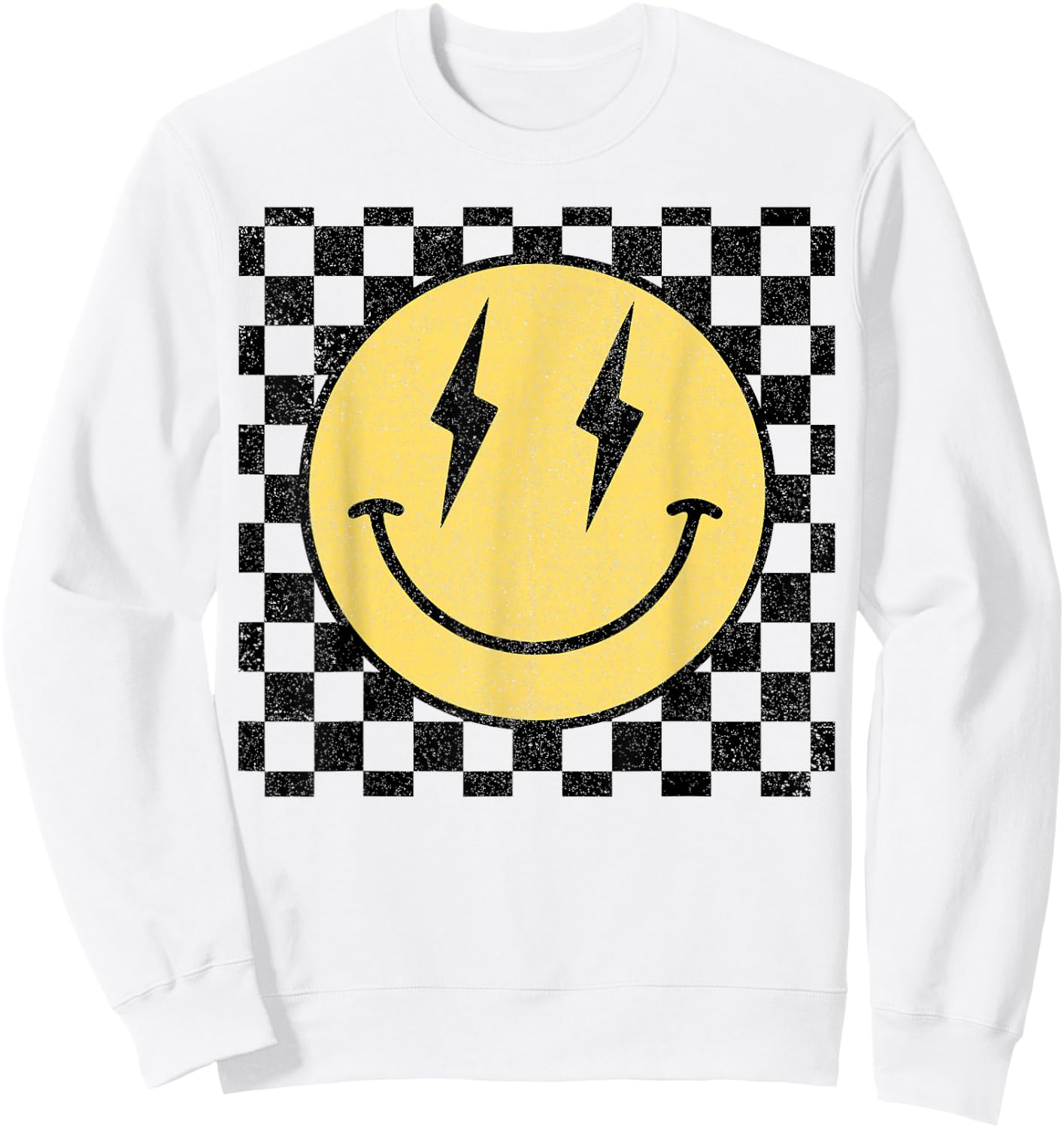 Retro Happy Face Shirt Checkered Pattern Smile Face Trendy Sweatshirt - Sweatshirt | White