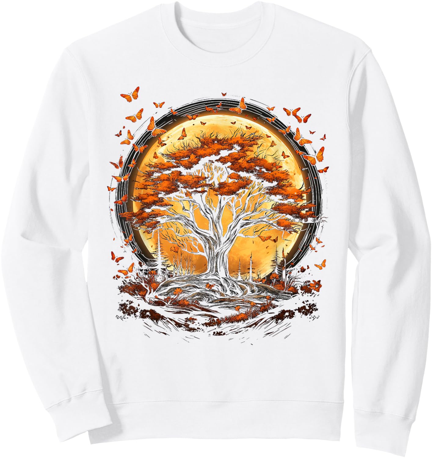 Fall Autumn falling leaves with Tree and Butterfly orange Sweatshirt - Sweatshirt | White