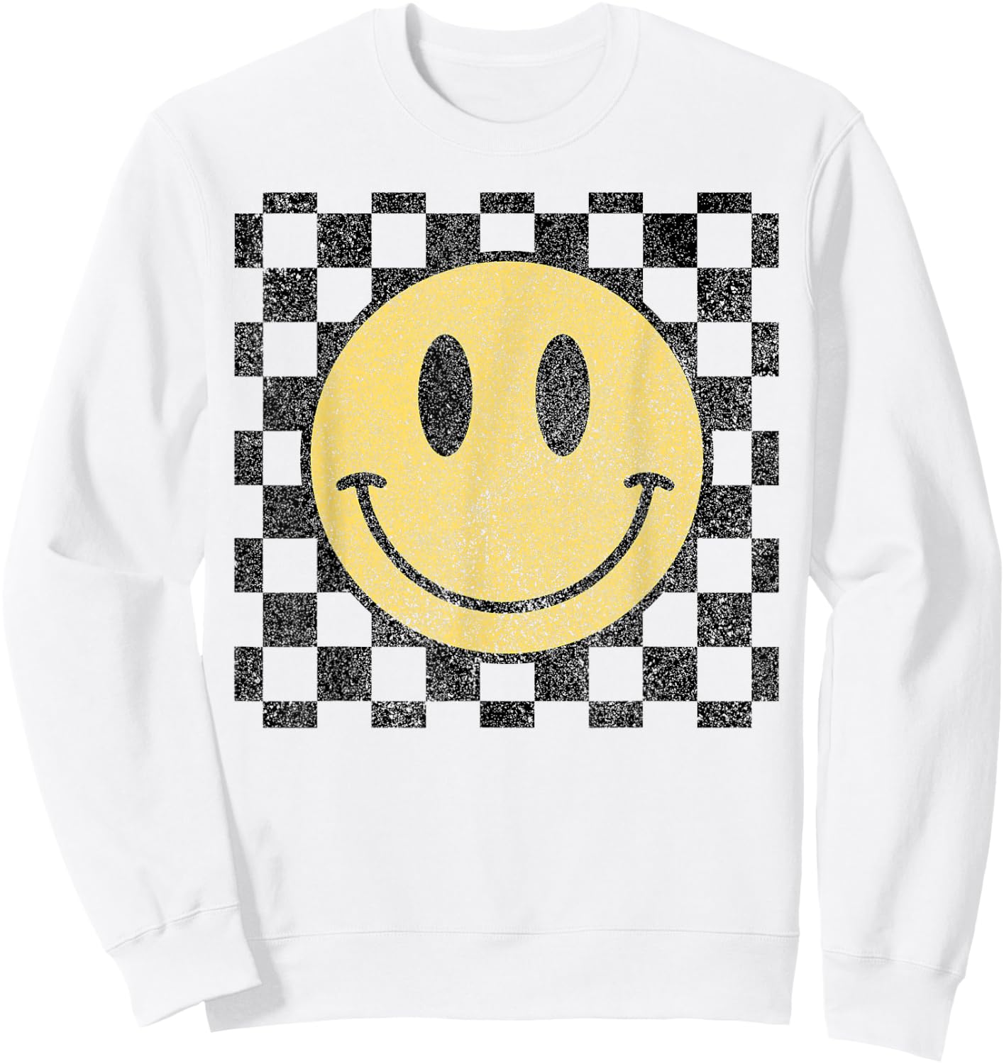 Retro Happy Face Checkered Pattern Smile Face Trendy Sweatshirt - Sweatshirt | White