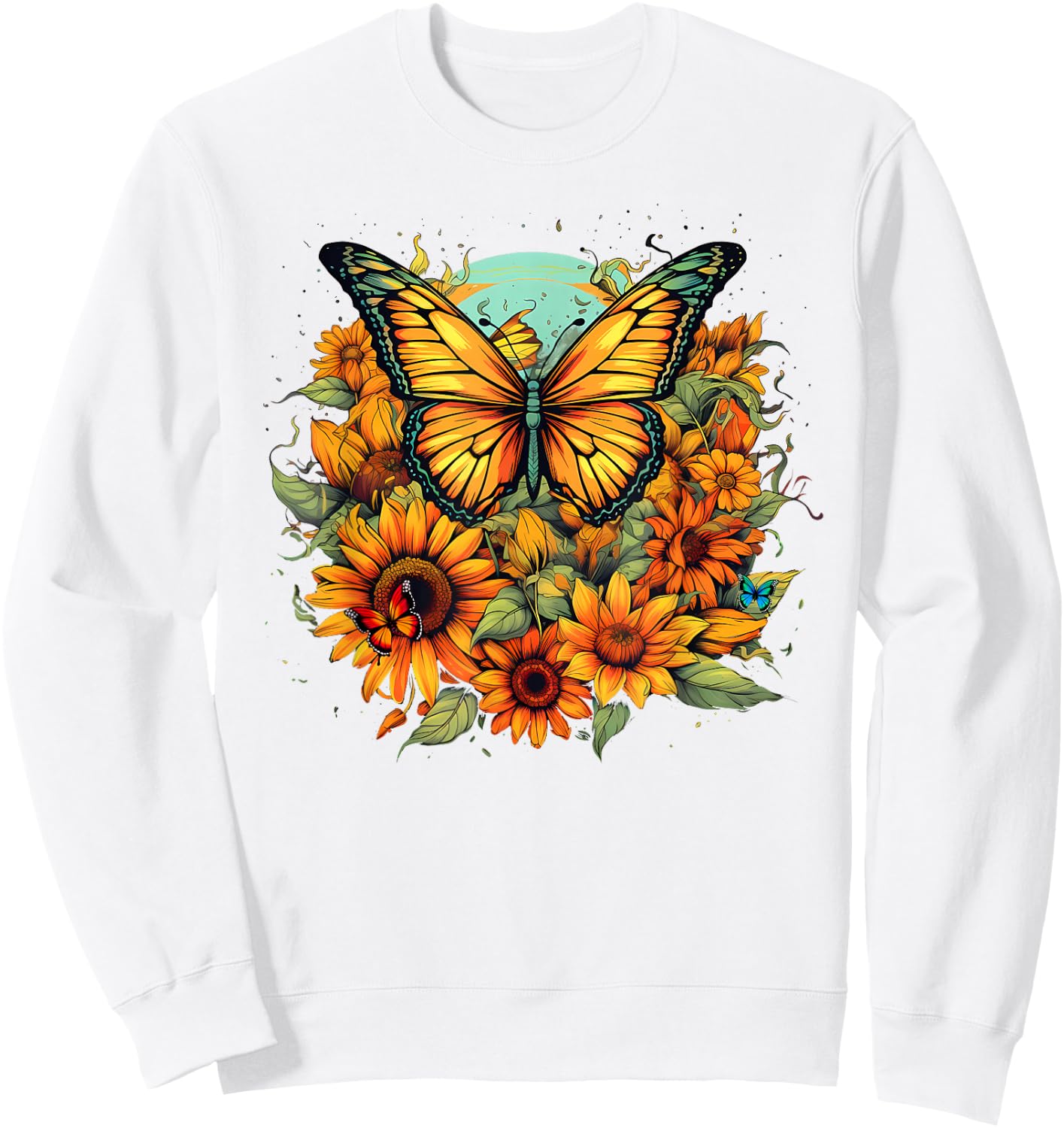 Sunflower Butterflies Design Sweatshirt - Sweatshirt | White