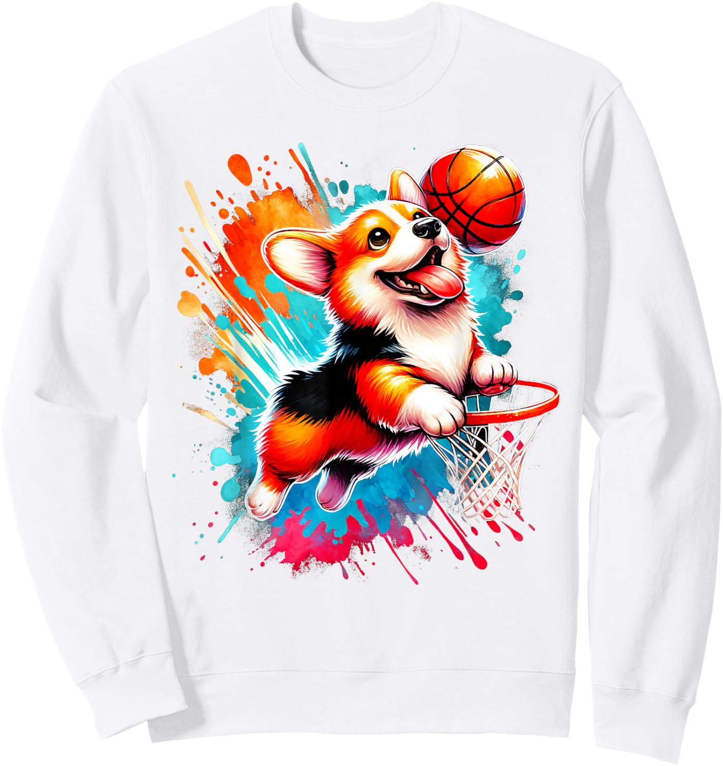 Corgi Basketball Player Colorful Sweatshirt - Sweatshirt | White