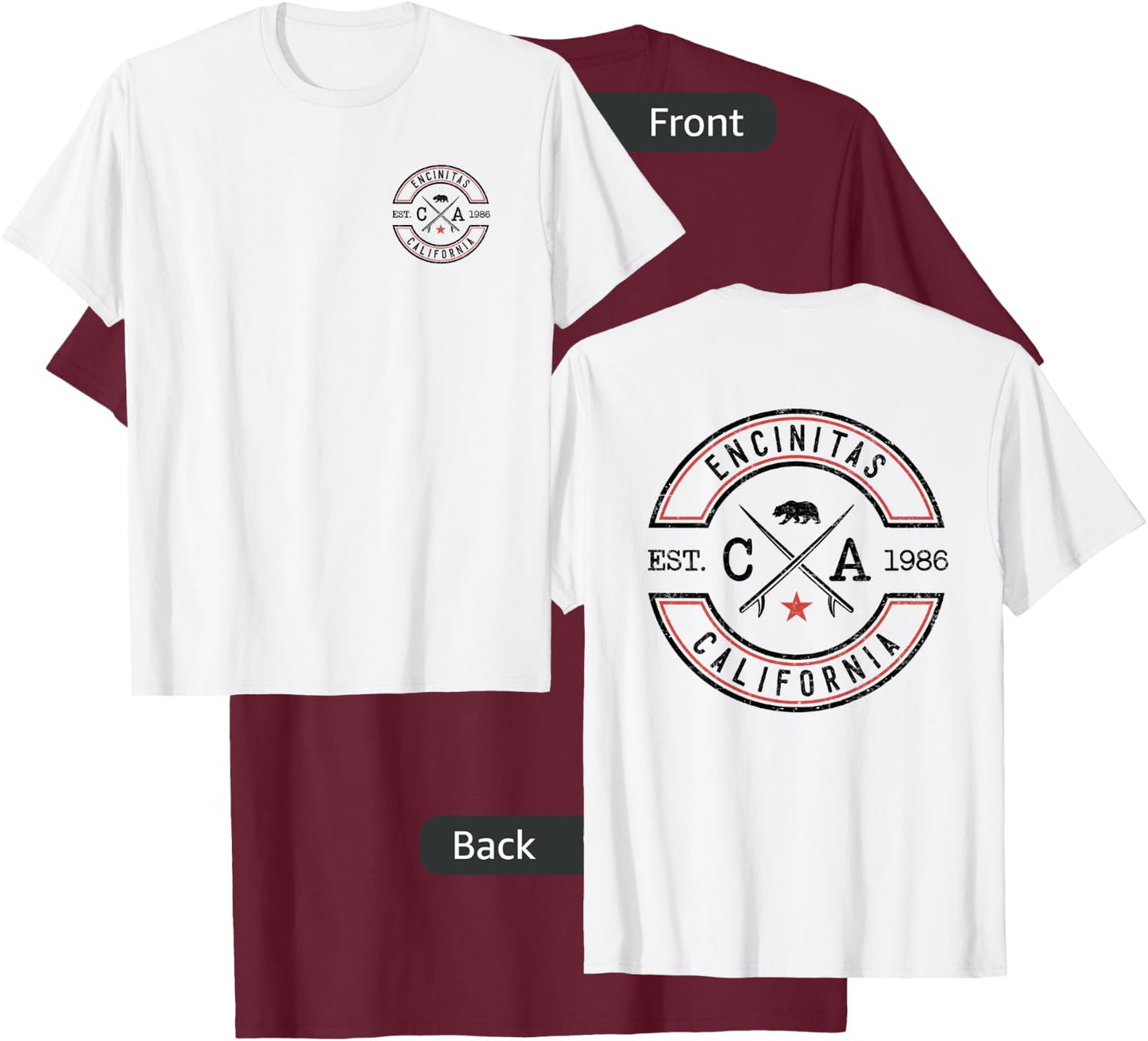 Encinitas Beach California CA Retro Surfer Front & Back T-Shirt - T-Shirt | Maroon