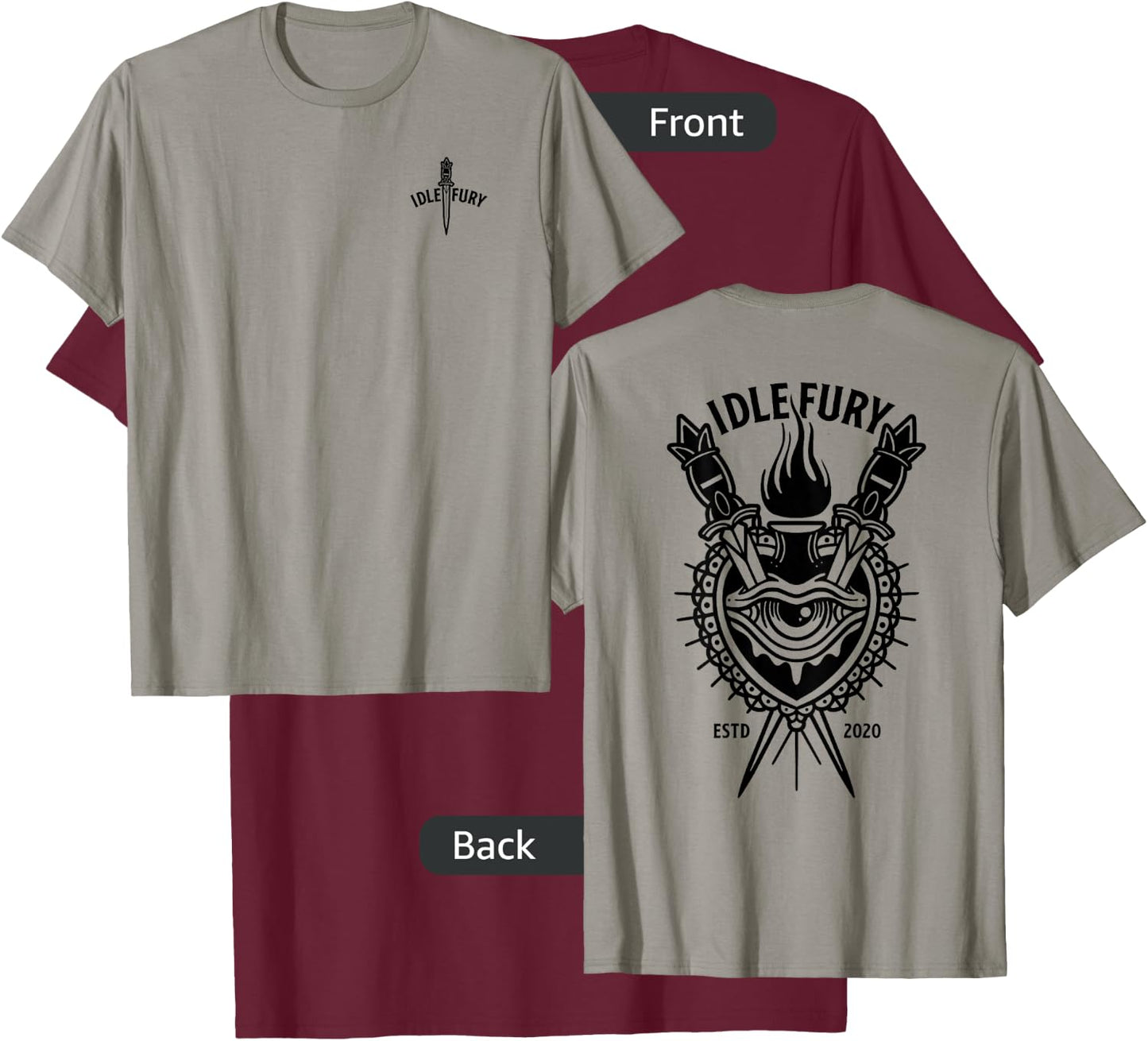 VIEW BACK PRINT Idle Fury Sacred Heart Swords Daggers Tattoo T-Shirt - T-Shirt | Maroon