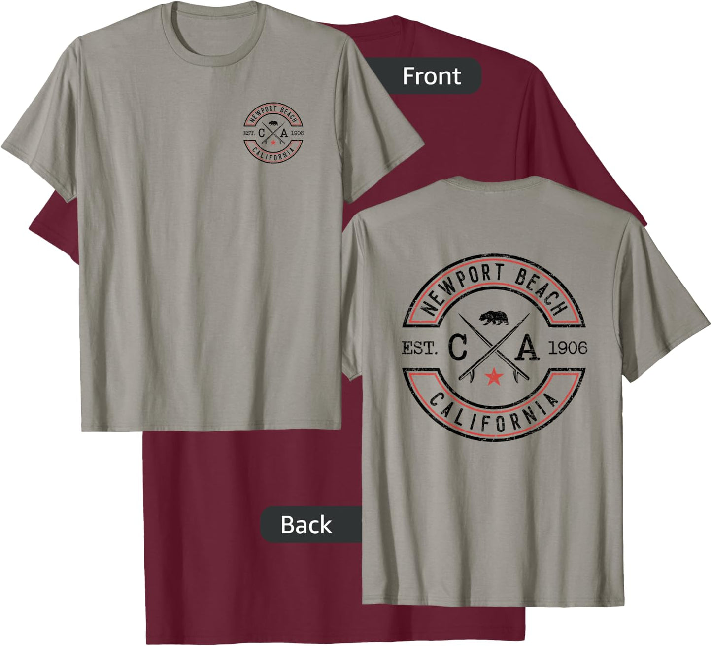 Newport Beach California CA Retro Surfer Front & Back Print T-Shirt - T-Shirt | Maroon