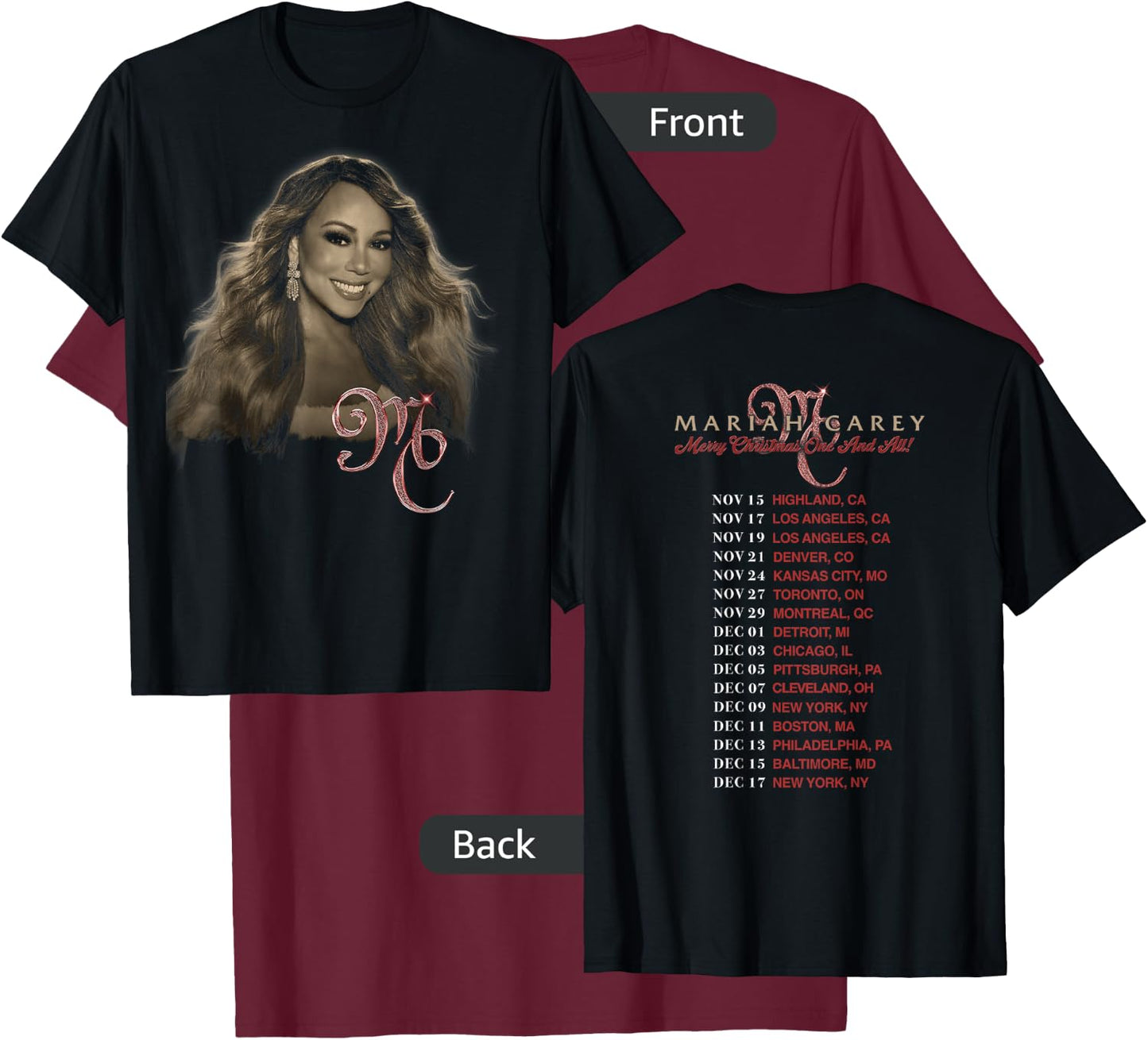 Mariah Carey Official Merry Christmas One & All Tour Photo T-Shirt - T-Shirt | Maroon