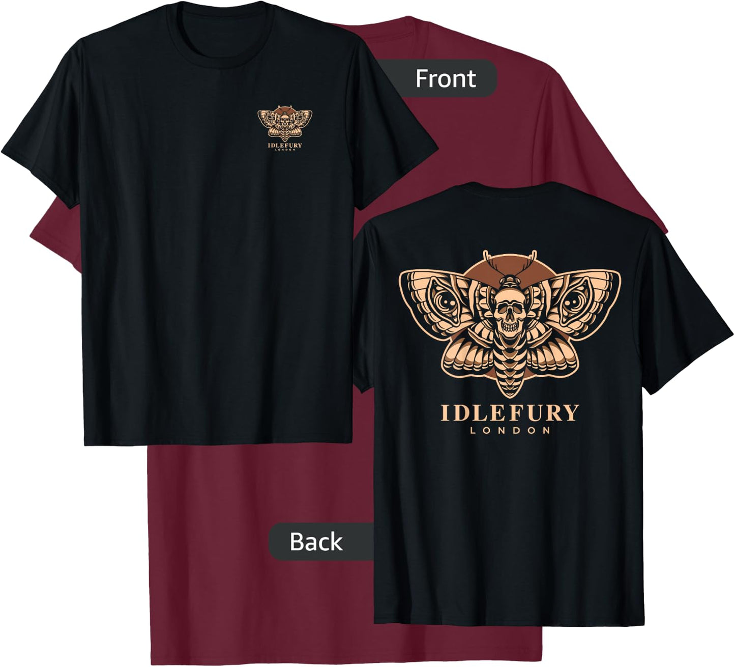 VIEW BACK PRINT Idle Fury Death Moth Skull Moth Butterfly T-Shirt - T-Shirt | Maroon