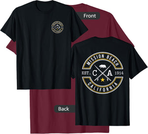 Mission Beach California CA Retro Surfer Beach Front & Back Men Women T-Shirt - T-Shirt | Maroon