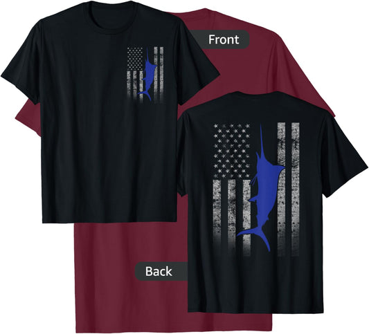 Two-Sided Marlin Flag Shirt - Blue Marlin on US Flag T-Shirt - T-Shirt | Maroon
