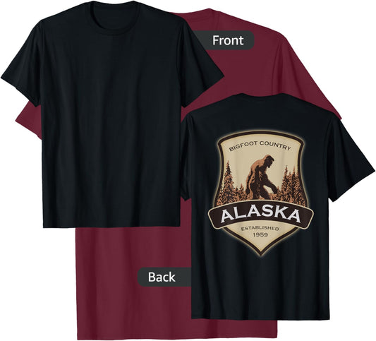 Printed On Back - Alaska with a Bigfoot or Sasquatch T-Shirt - T-Shirt | Maroon