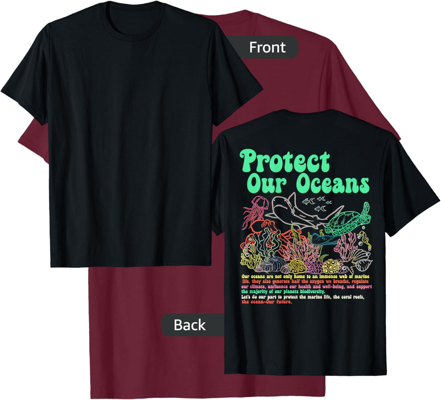 Respect The Locals, Protect Our Oceans Shark Surfing (Back) T-Shirt - T-Shirt | Maroon