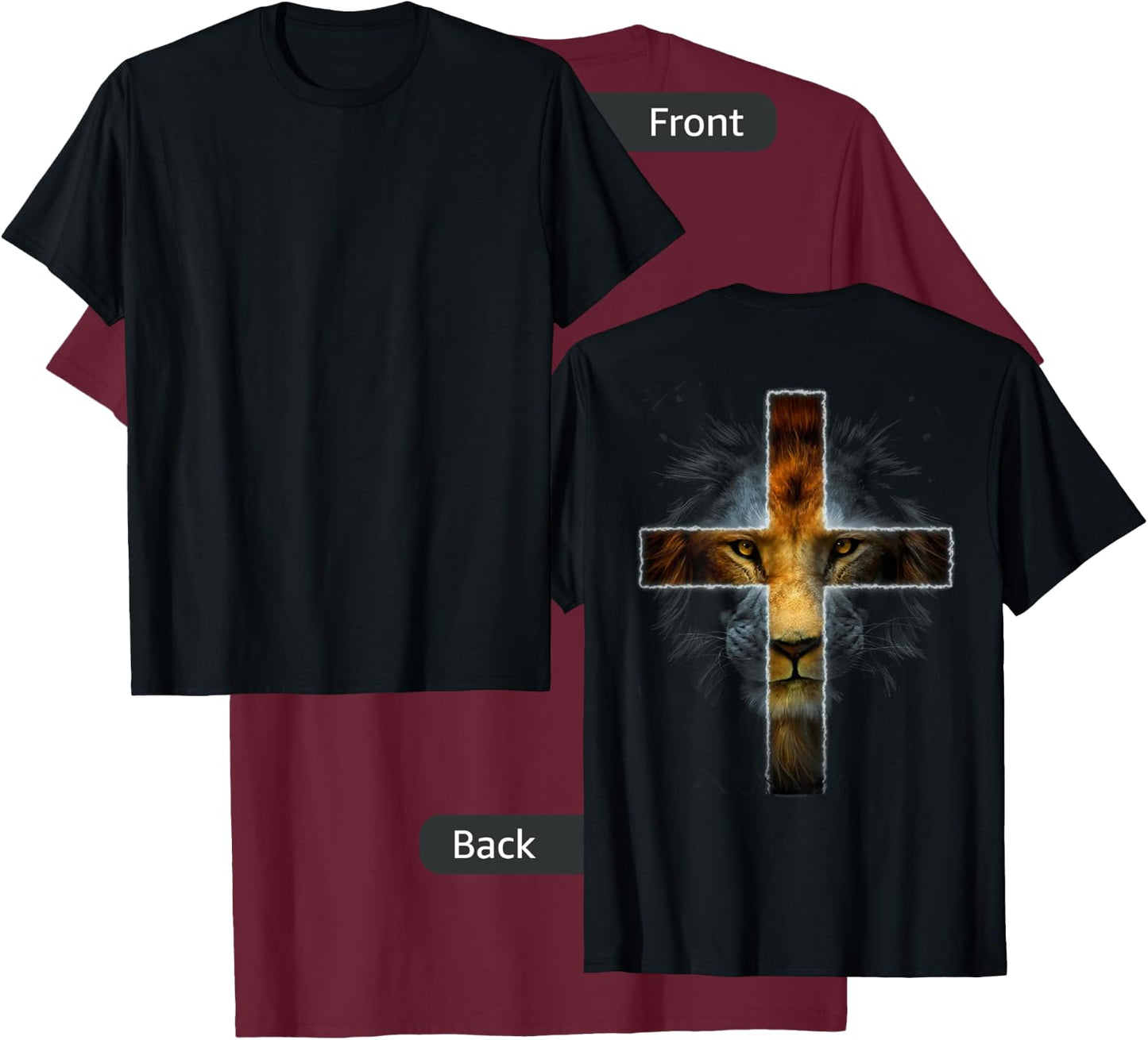 Christian Jesus Lion of Tribe Judah Cross Men Women ON BACK T-Shirt - T-Shirt | Maroon