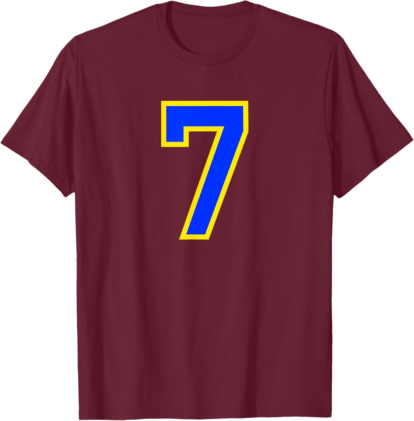 Number #7 Sport Blue Yellow Number T-Shirt - T-Shirt | Maroon