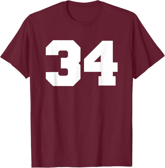 Number 34 Sports Jersey Player #34 Fan FRONT PRINT Varsity T-Shirt - T-Shirt | Maroon
