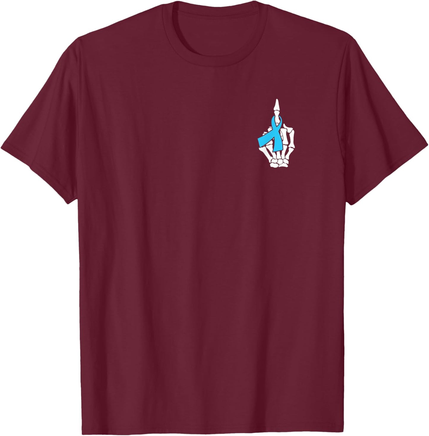 Fuck Prostate Cancer Skeleton Middle Finger Blue Ribbon T-Shirt - T-Shirt | Maroon