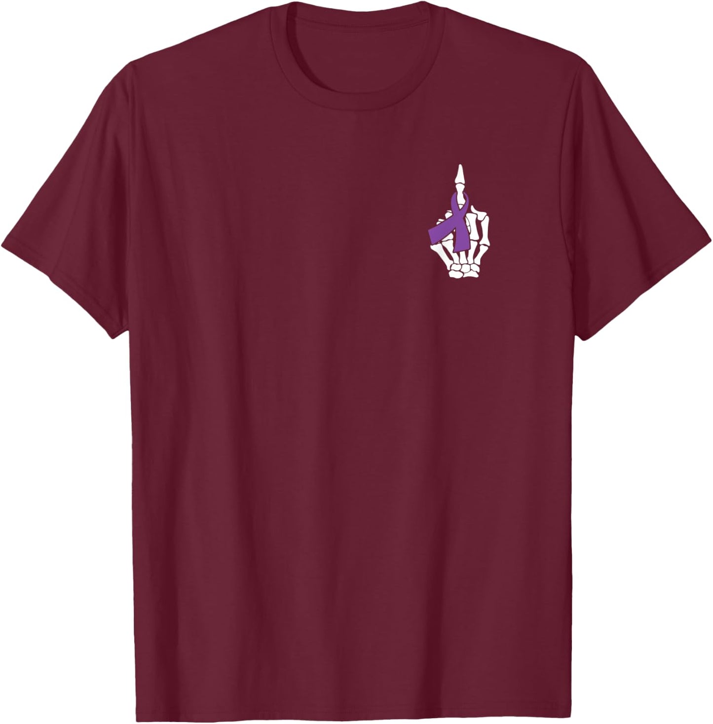 Fuck Pancreatic Cancer Skeleton Middle Finger Purple Ribbon T-Shirt - T-Shirt | Maroon