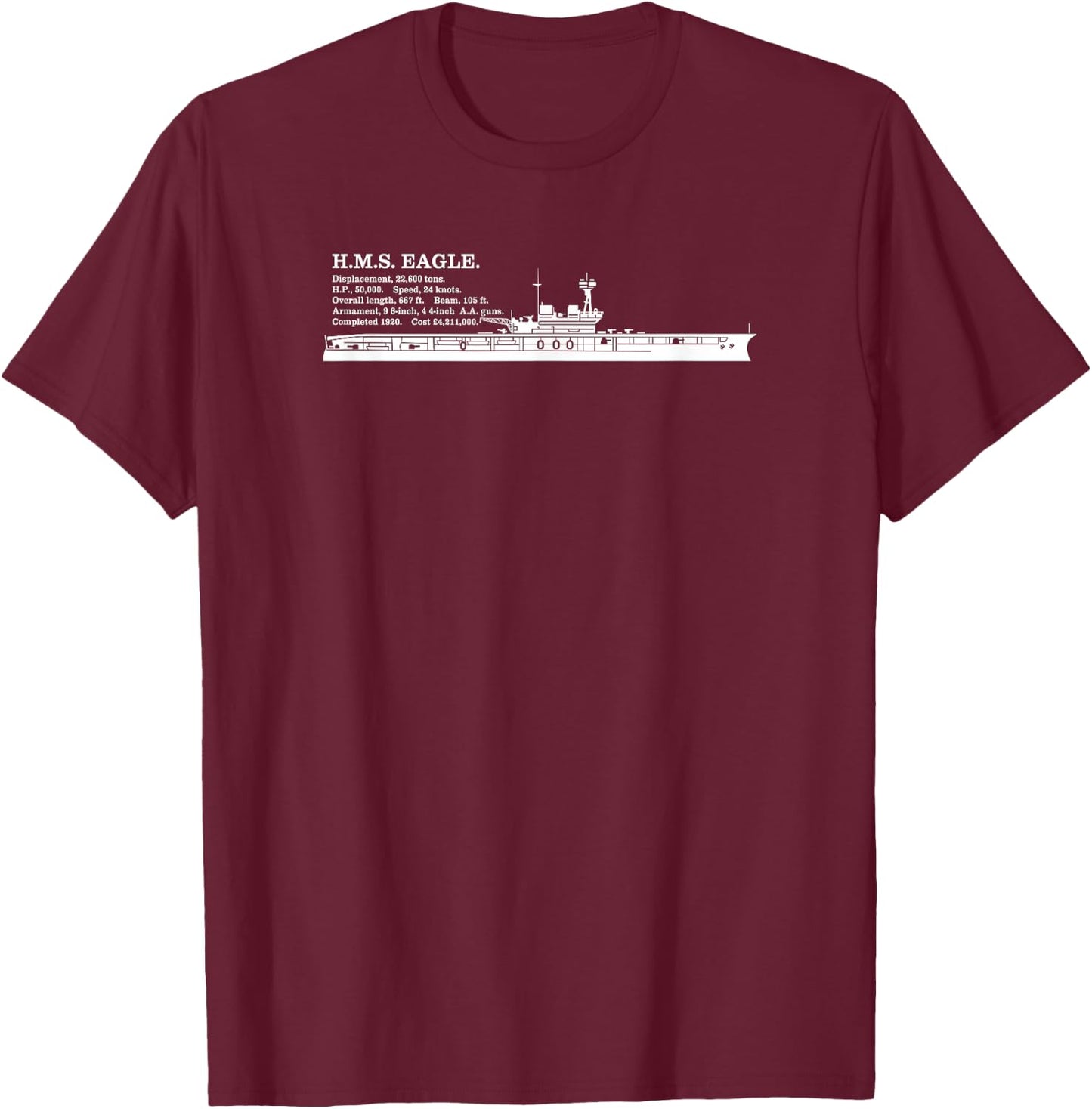 HMS Eagle British WW2 Aircraft Carrier Infographic T-Shirt - T-Shirt | Maroon