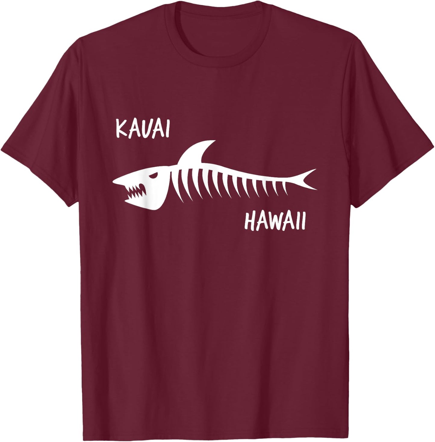 Kauai Hawaii Shark Skeleton White Print T-Shirt - T-Shirt | Maroon