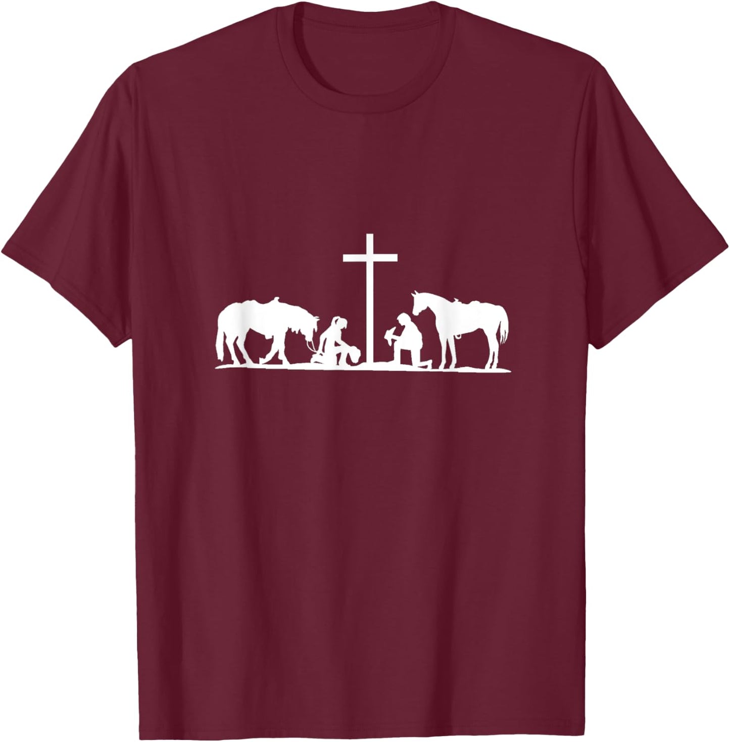 Christian Western horses cowhands praying Cross. Christian T-Shirt - T-Shirt | Maroon